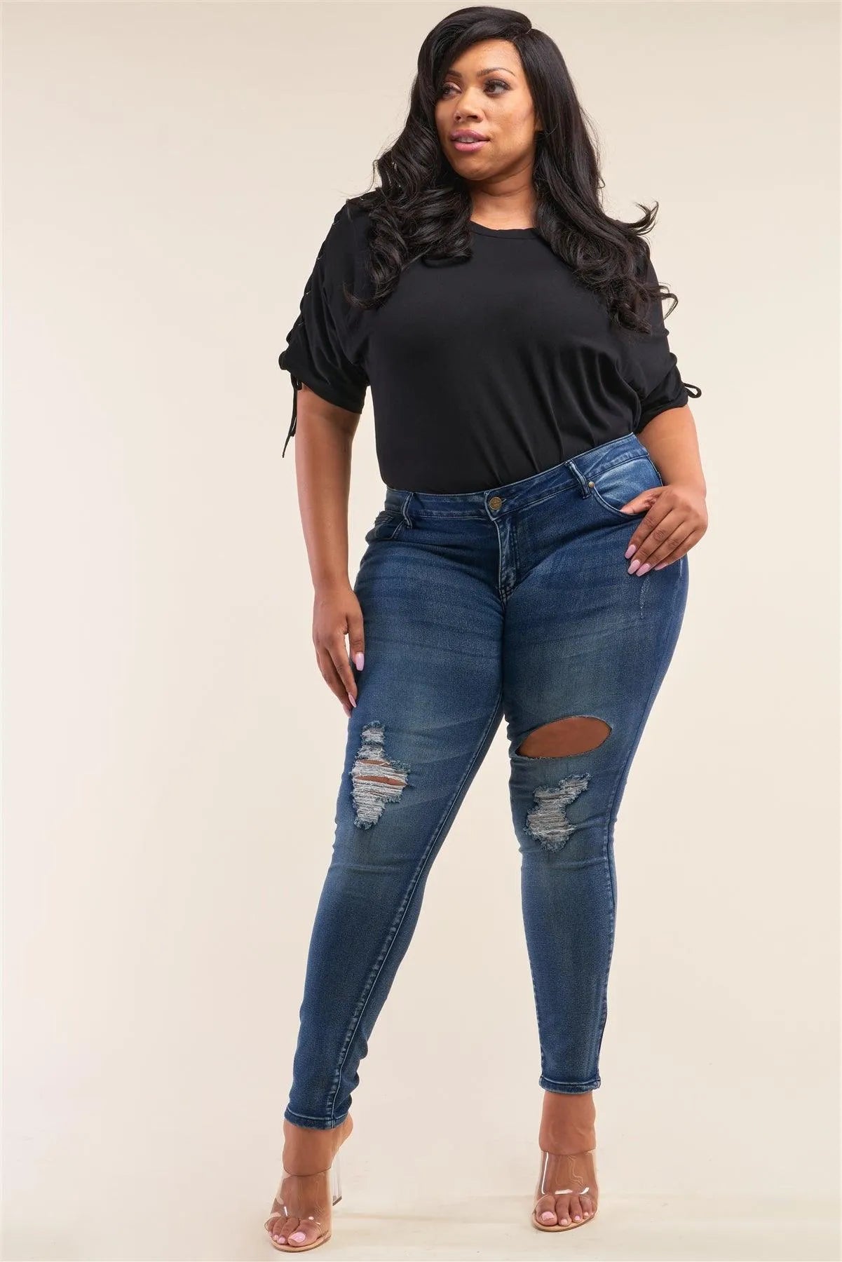 Plus Size Dark Blue Low-Rise Ripped Denim Pants - Tasha Apparel Wholesale