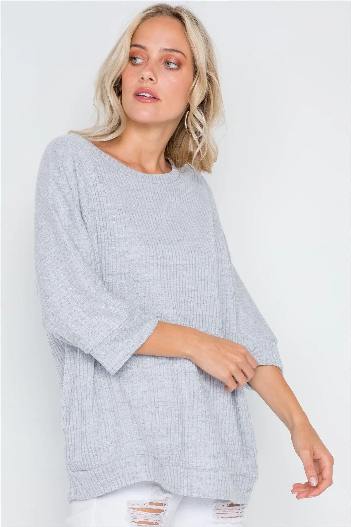 Light Blue Ribbed 3/4 Sleeve Loose Fit Knit Top /2-2-2 - Tasha Apparel Wholesale