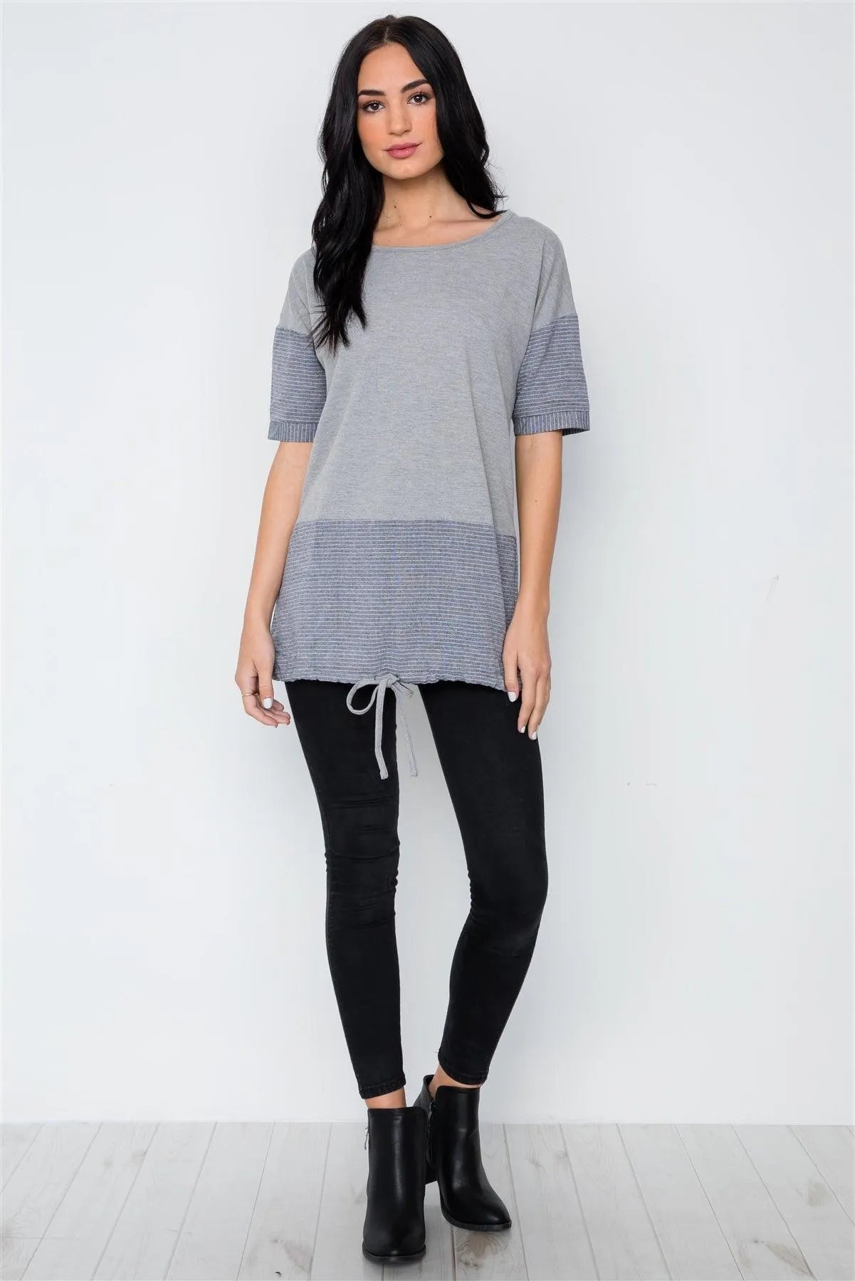 Grey Contrast Stripe Short Sleeve Top / 2-2-2 - Tasha Apparel Wholesale