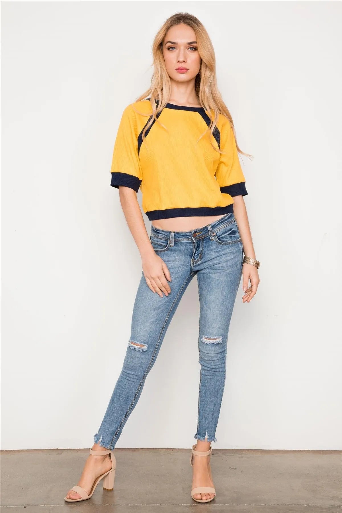 Mustard/Yellow Dolman Sleeve Ribbed Cropped Top /2-2-2 - Tasha Apparel Wholesale