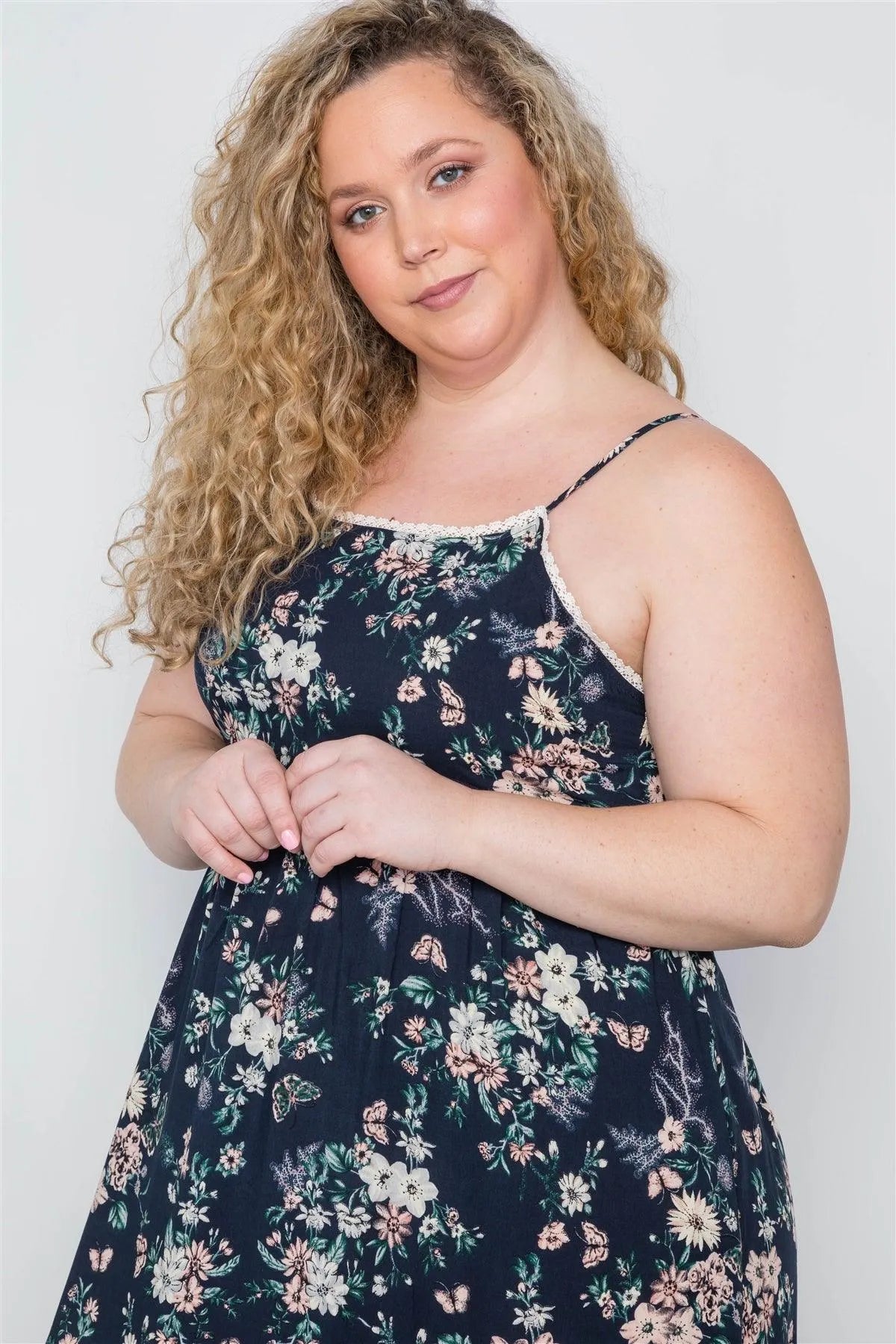Junior Plus Size Multi Navy Crochet Trim Floral Cami Maxi Dress / 2-2-2 - Tasha Apparel Wholesale