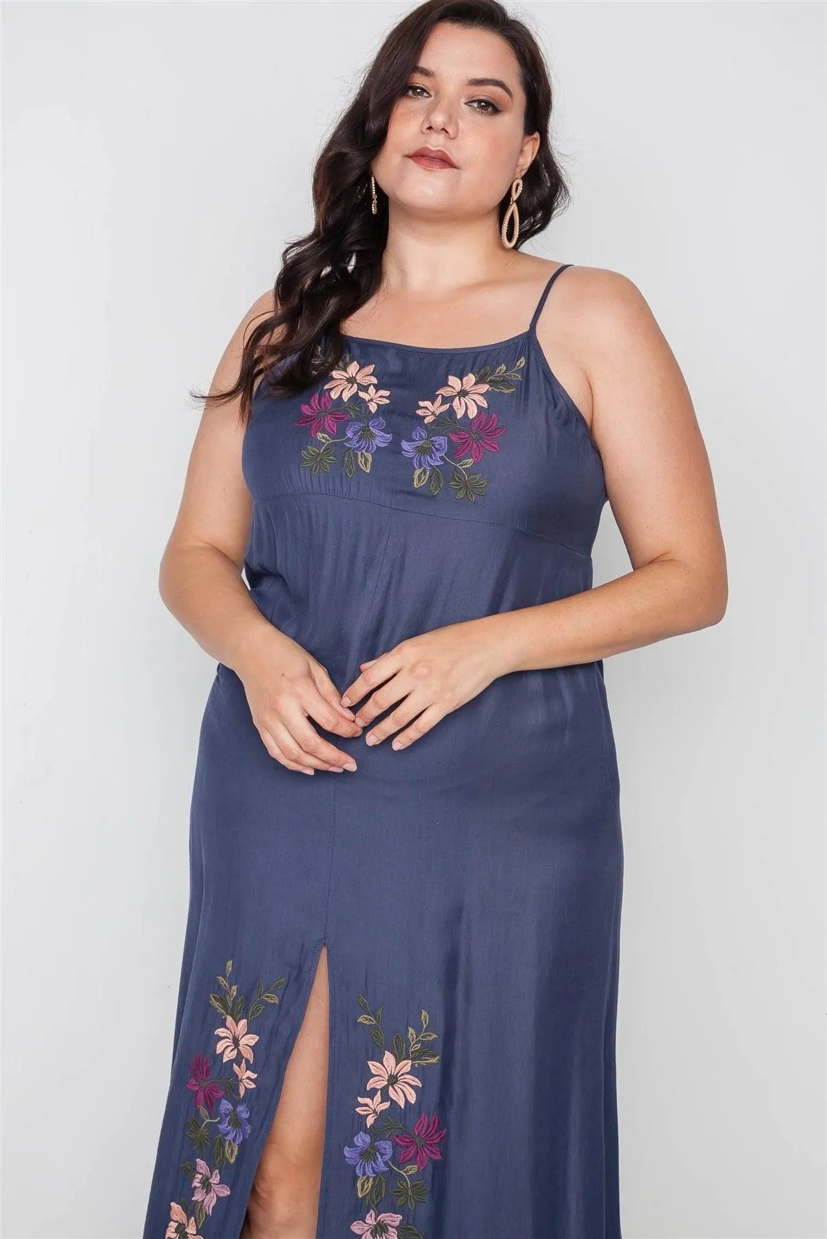 Junior Plus Size Navy Cami Floral Embroidery Boho Maxi Dress / 2-2-2 - Tasha Apparel Wholesale