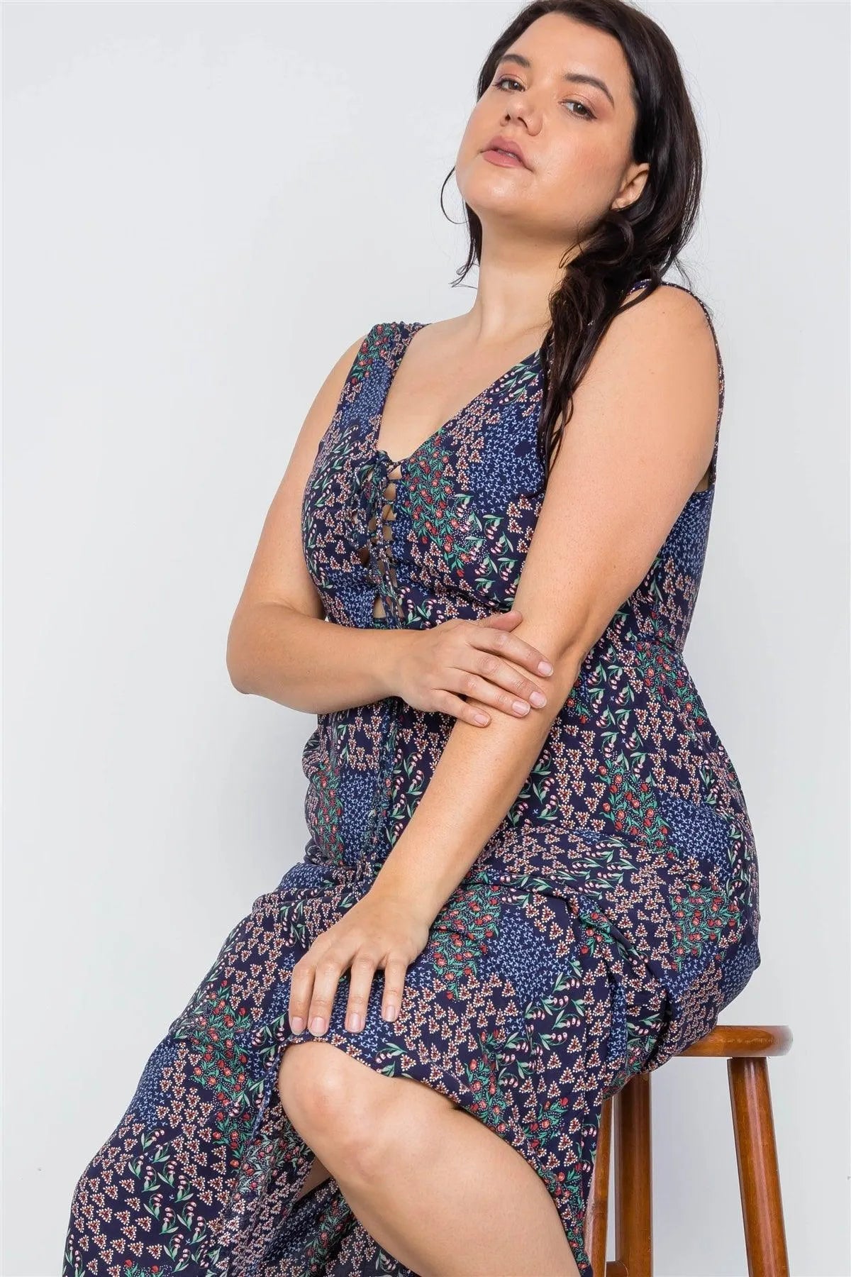Junior Plus Size Multi Navy Sleeveless Lace Up Maxi Boho Dress /3-1-3 - Tasha Apparel Wholesale