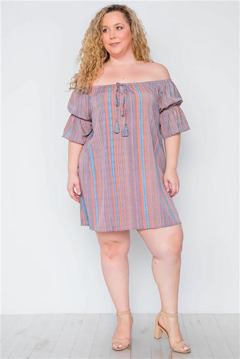 Plus Size Multi Coral Stripe Off-The-Shoulder Dress