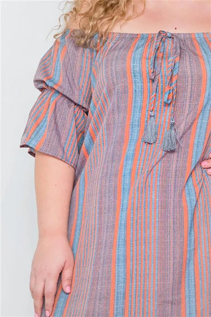 Plus Size Multi Coral Stripe Off-The-Shoulder Dress - Tasha Apparel Wholesale