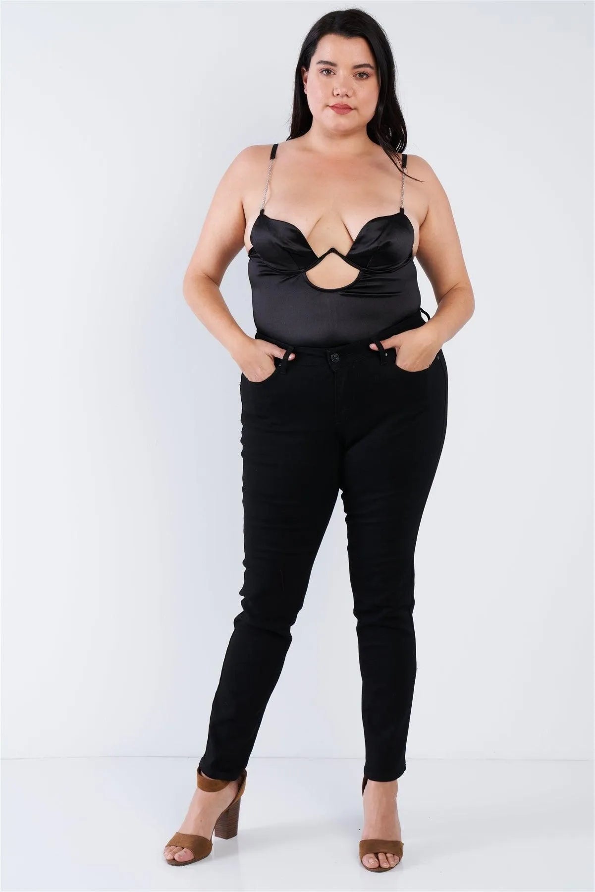 Plus Size Black Silk Chain Spaghetti Strap High Thong Center Cut Out Bodysuit /2-2-2 - Tasha Apparel Wholesale