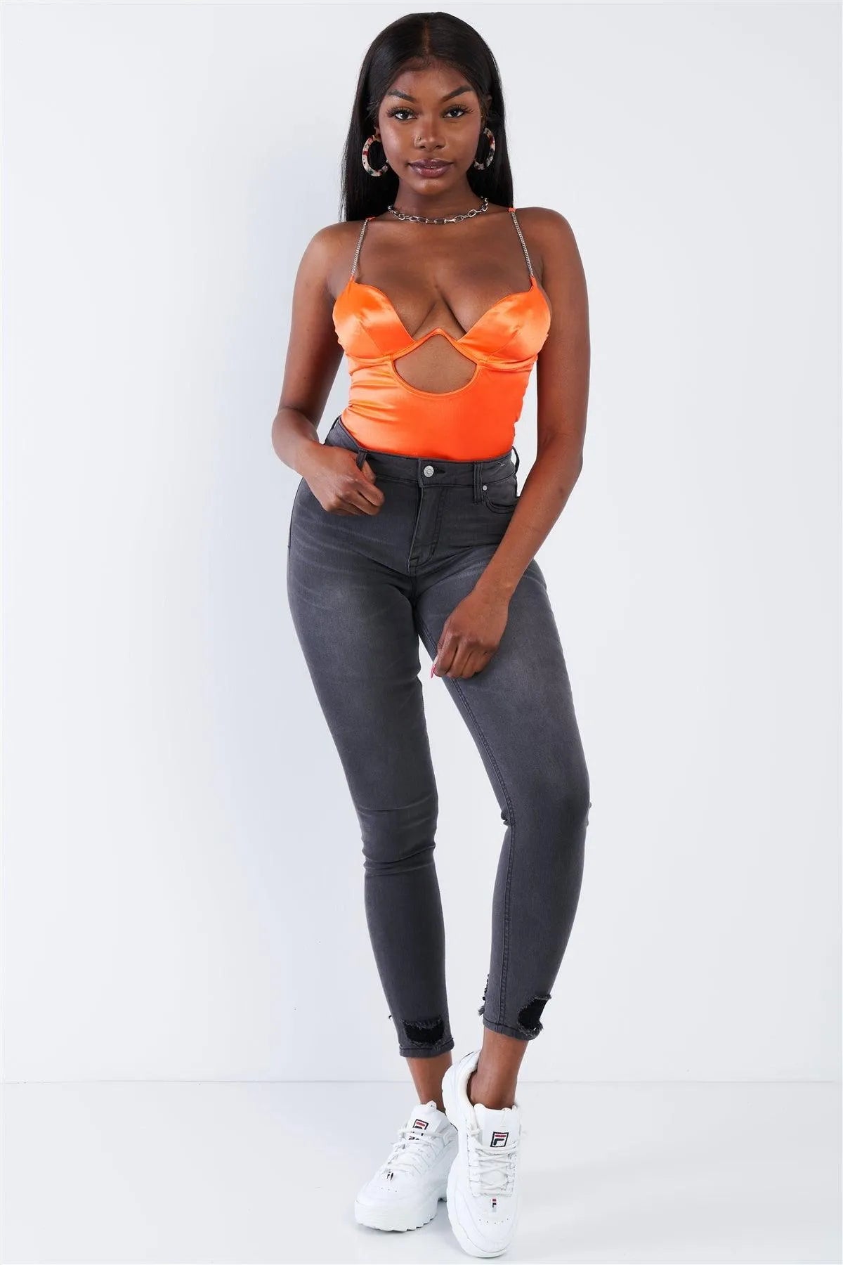 Neon Orange Silk Chain Spaghetti Strap High Thong Center Cut Out Bodysuit /2-2-2 - Tasha Apparel Wholesale