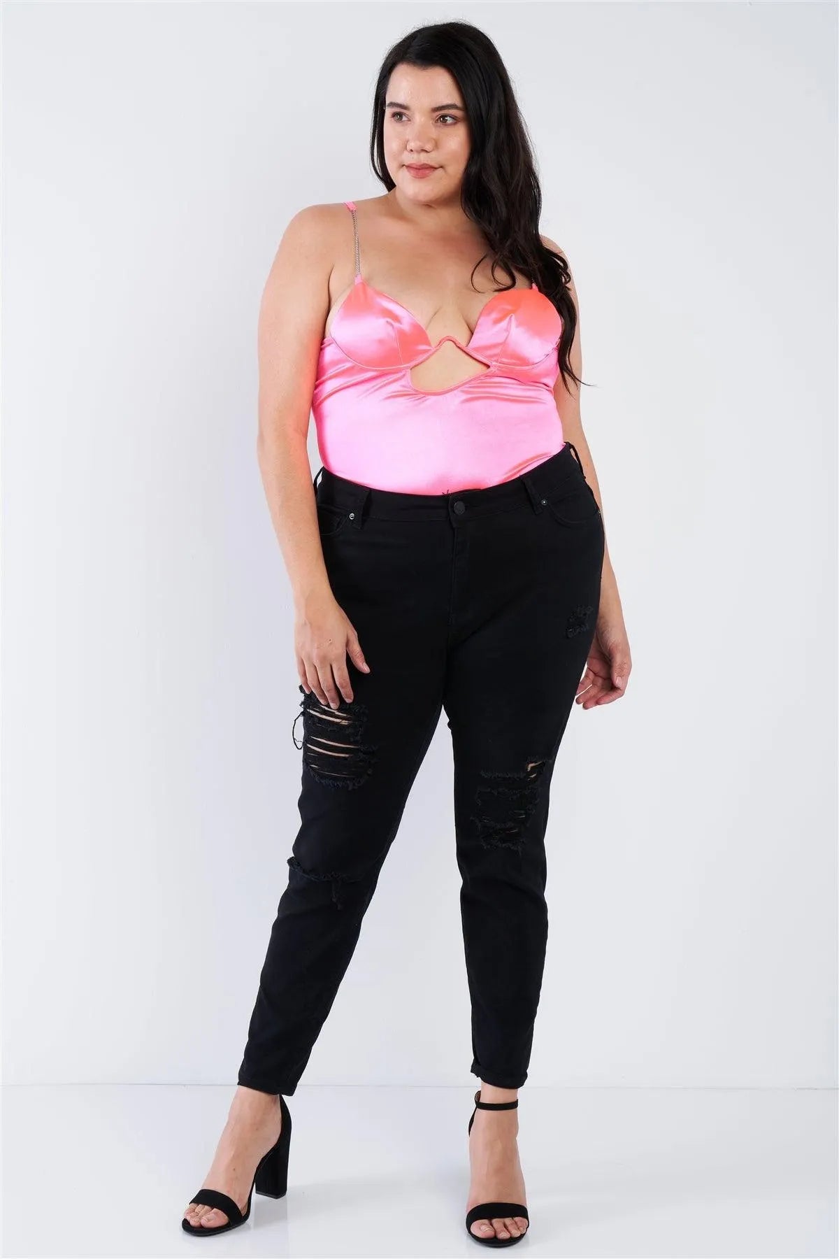 Plus Size Neon Pink Silk Chain Spaghetti Strap High Thong Center Cut Out Bodysuit /2-2-2 - Tasha Apparel Wholesale