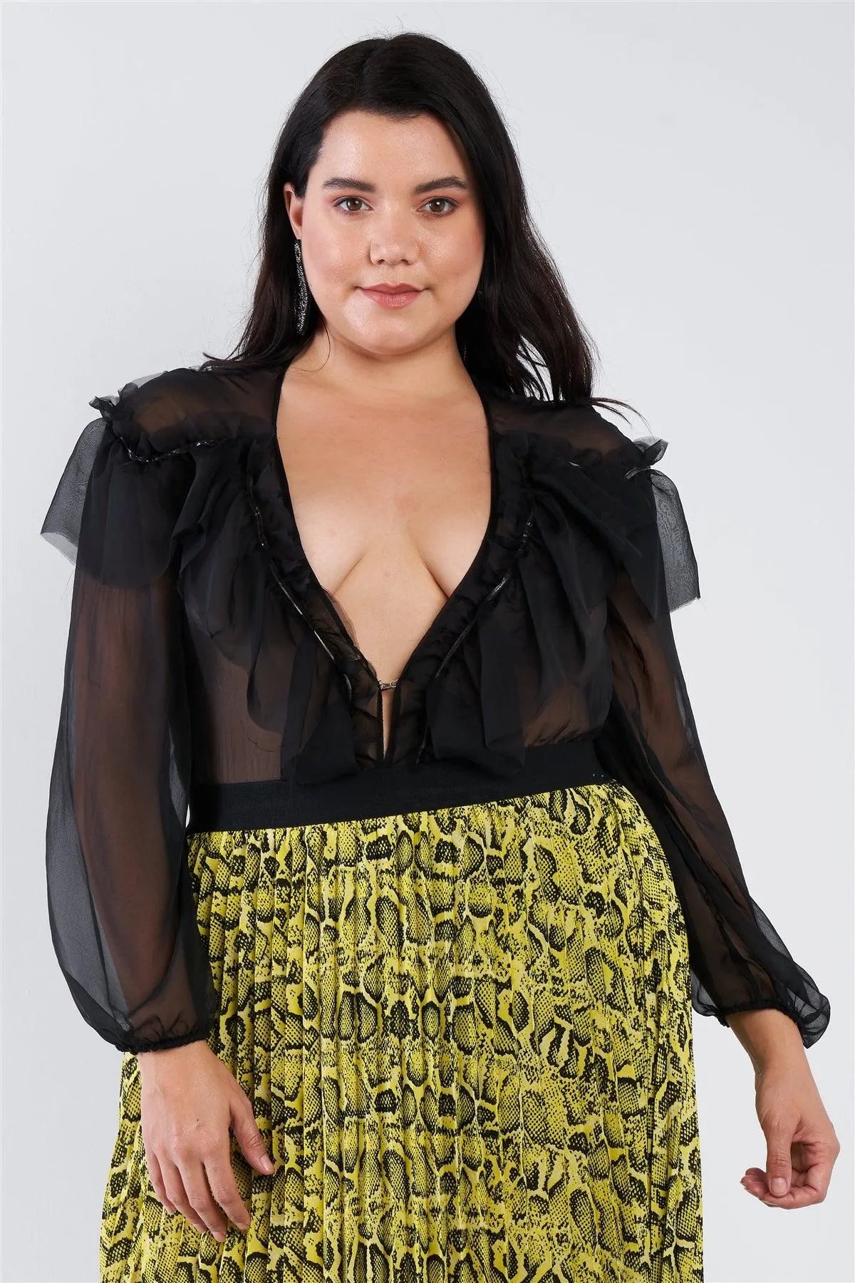 Junior Plus Size Black Sheer V-Neck Frill Silk Full Bottom Snap Bodysuit /2-2 - Tasha Apparel Wholesale