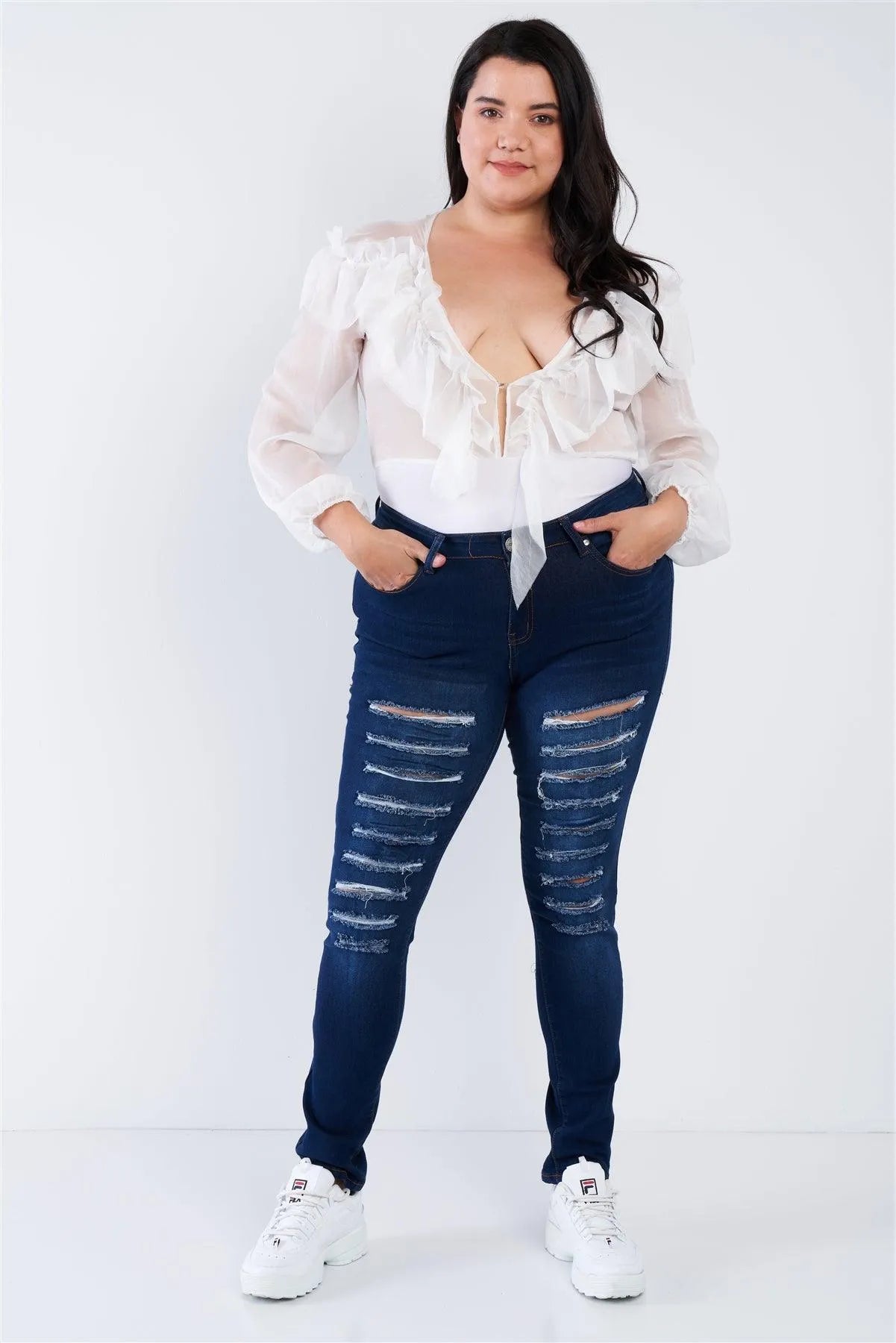Junior Plus Size White Sheer V-Neck Frill Silk Full Bottom Snap Bodysuit /2-2-2 - Tasha Apparel Wholesale