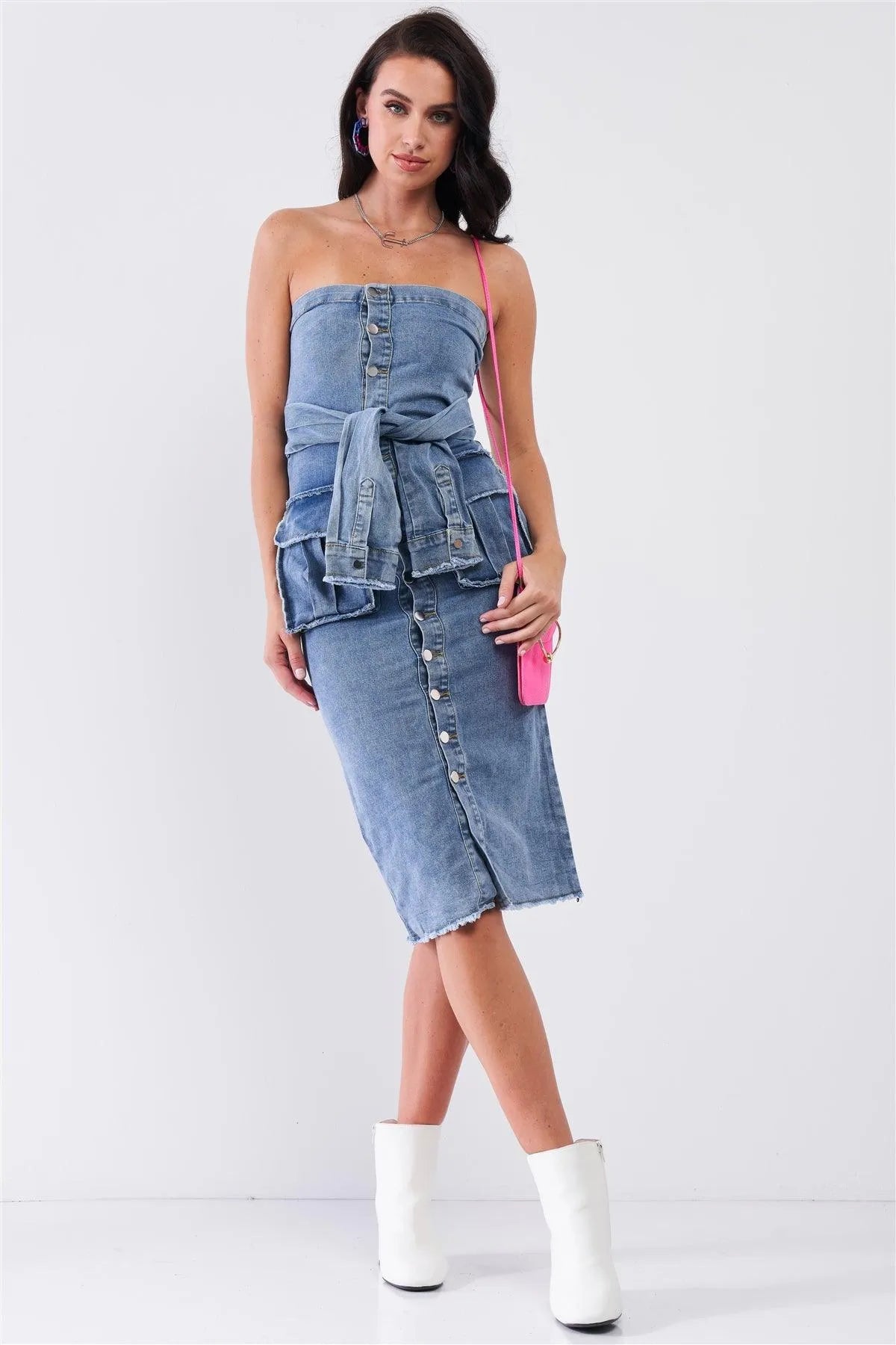Vintage Medium Blue DenimSleeveless Strapless Button Down Mock Sleeve Wrap Detail Tube Midi Dress With Front Pockets /2-2-2 - Tasha Apparel Wholesale