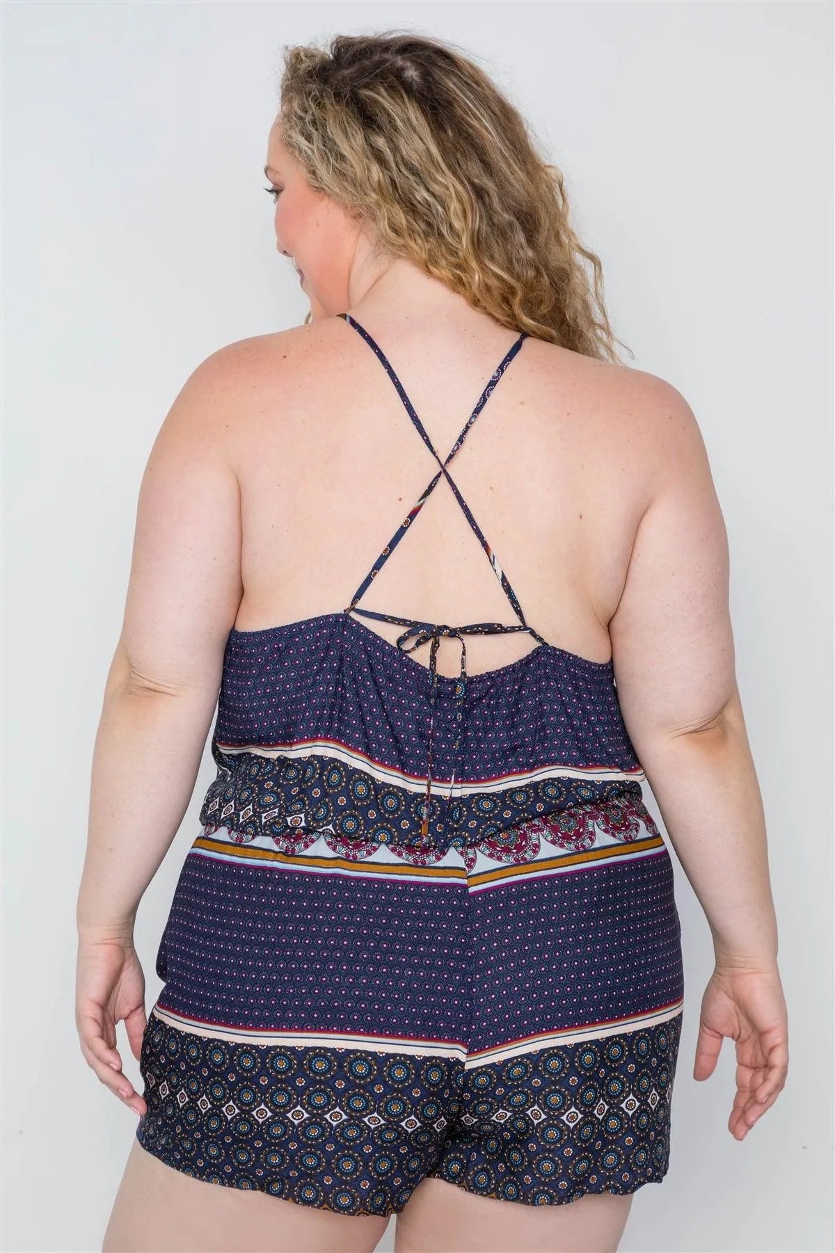 Plus Size Multi Navy Paisley Print Boho Romper / 2-1-1 - Tasha Apparel Wholesale