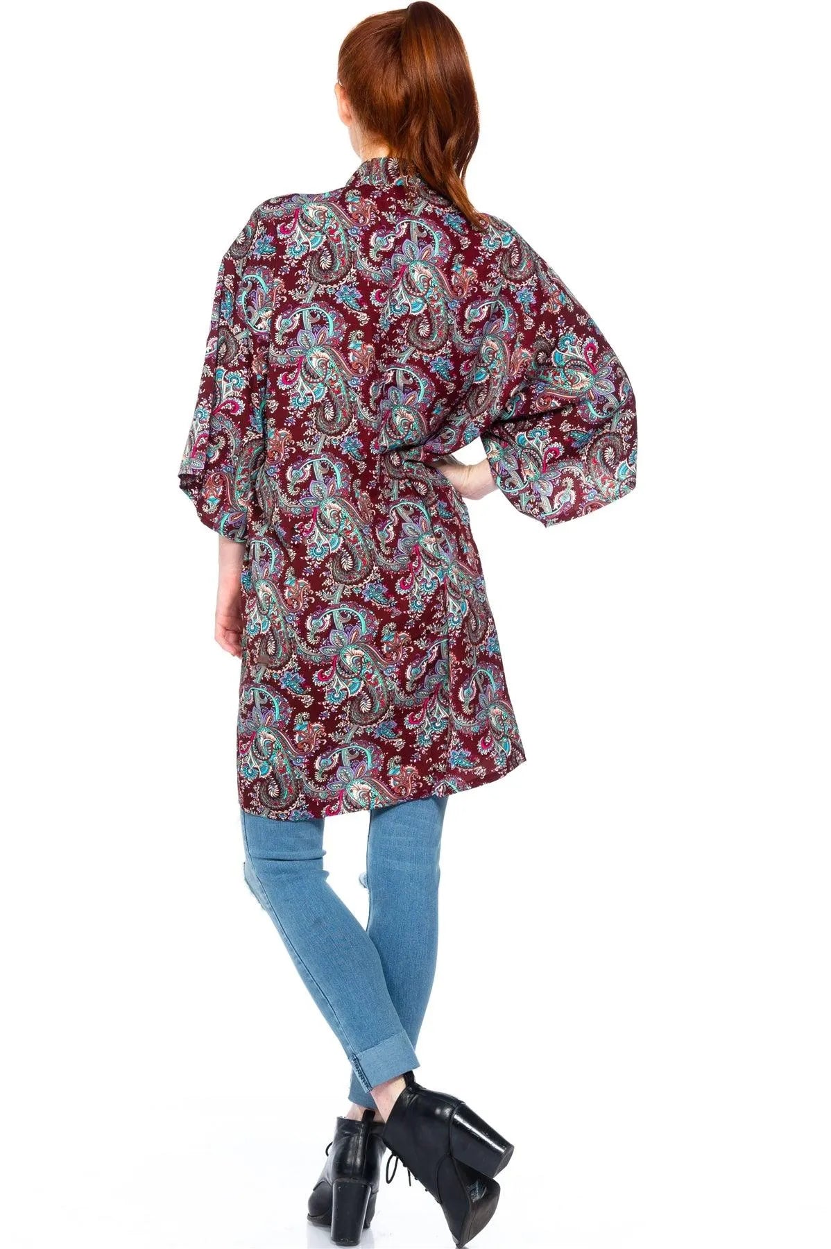 Burgundy Ornate Print Kimono /2-2-1 - Tasha Apparel Wholesale