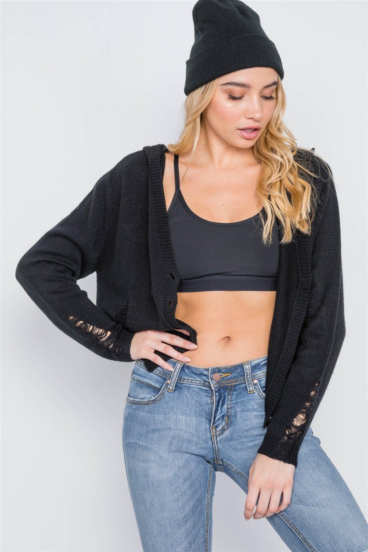 Black Knit Distressed Hooded Button-Front Sweater Cardigan
