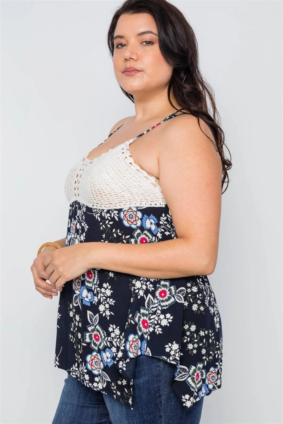 Plus Size Navy Floral Crochet Combo Boho Top /3-2-2 - Tasha Apparel Wholesale