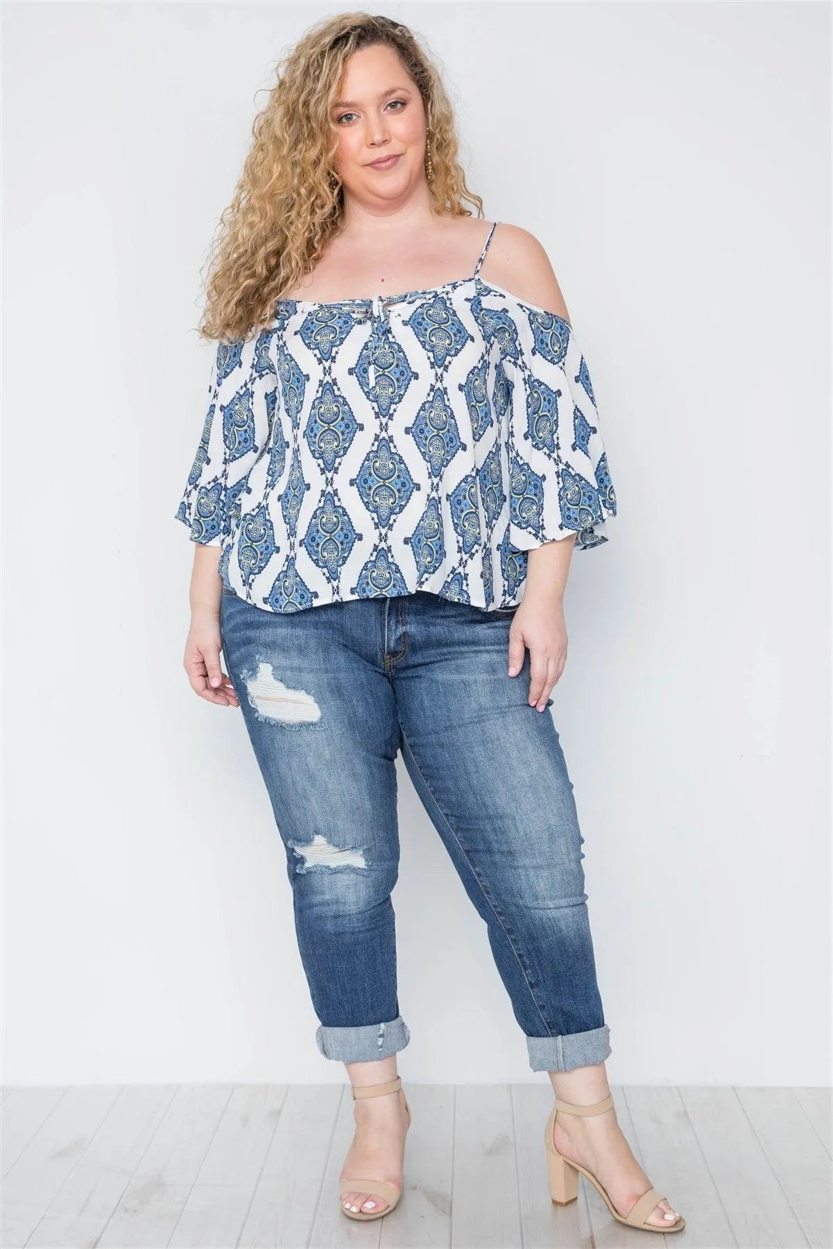 Plus Size White Multi Blue Open Shoulders Lace Up Top / 2-2-2 - Tasha Apparel Wholesale