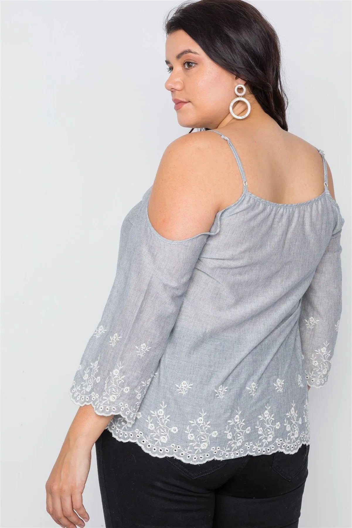 Plus Size Grey Cold Shoulder Floral Embroidery Top - Tasha Apparel Wholesale