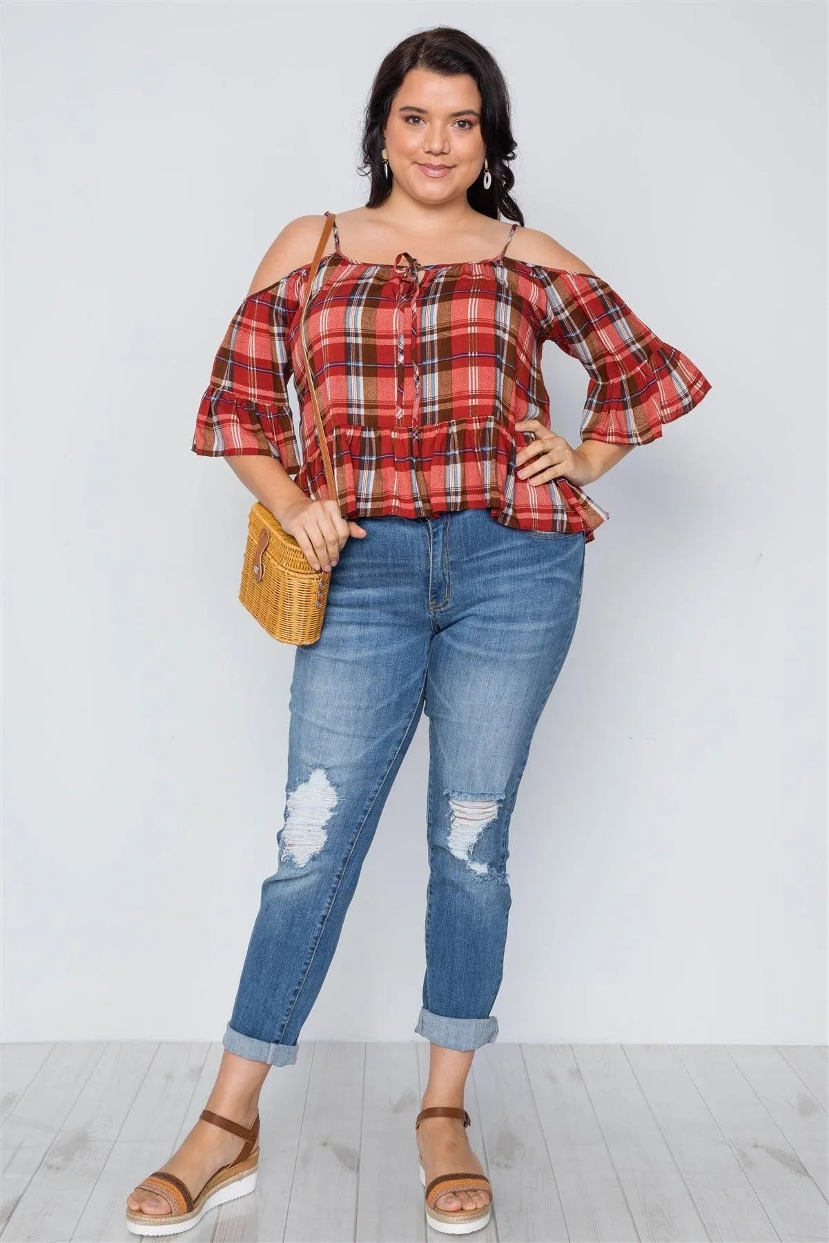 Plus Size Burgundy Rust Plaid Print Cold Shoulder Top /2-2-2 - Tasha Apparel Wholesale