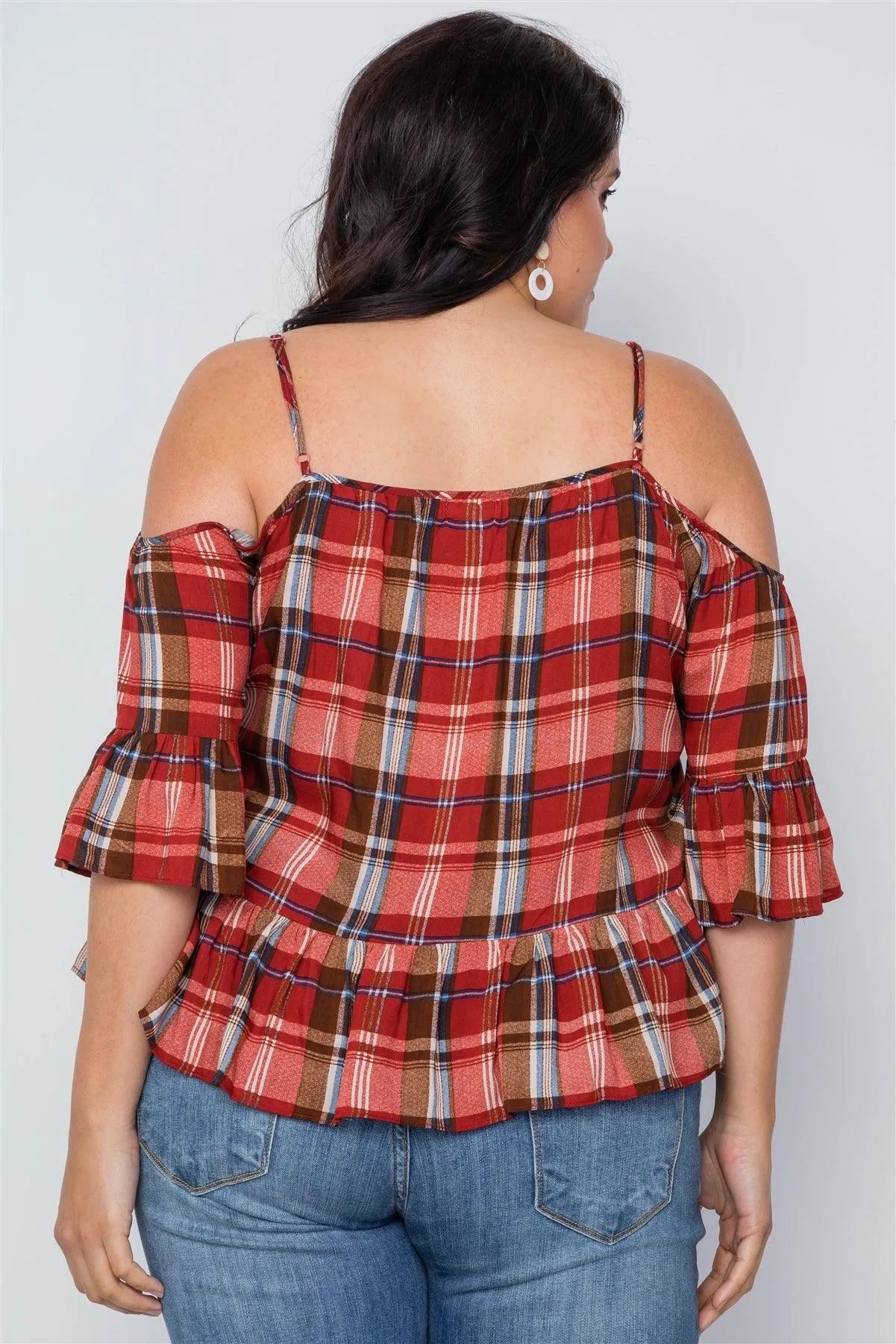 Plus Size Burgundy Rust Plaid Print Cold Shoulder Top /2-3-3 - Tasha Apparel Wholesale