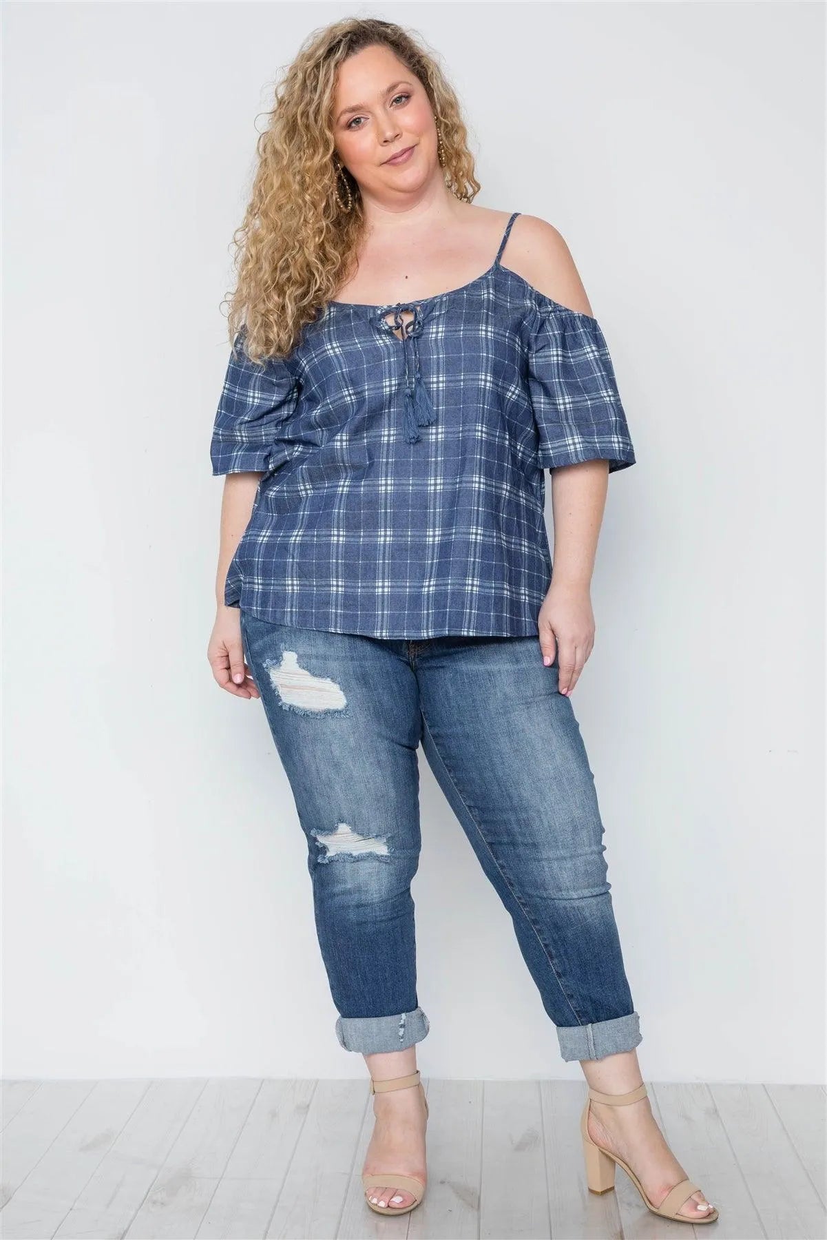 Junior Plus Size Navy Plaid Cold Shoulder Tassel Top / 2-2-2 - Tasha Apparel Wholesale