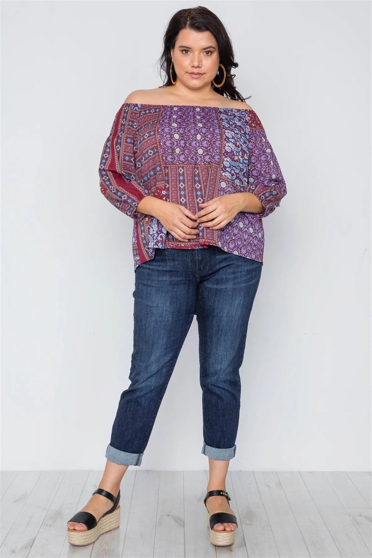 Plus Size Burgundy Off-The-Shoulder Multi Print Top /2-2-2 - Tasha Apparel Wholesale
