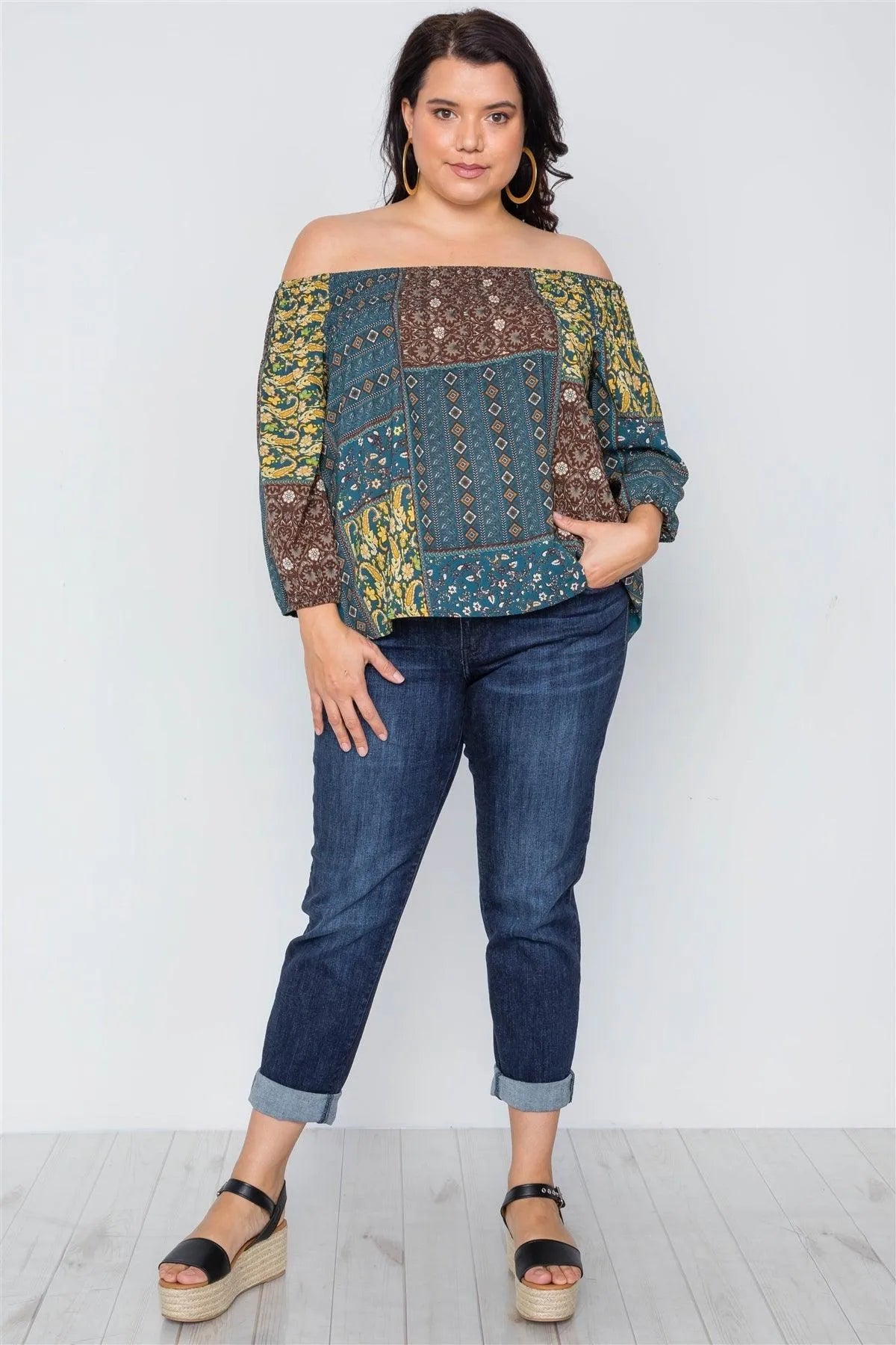 Plus Size Multi Mustard Off-The-Shoulder Multi Print Top /2-2-2 - Tasha Apparel Wholesale