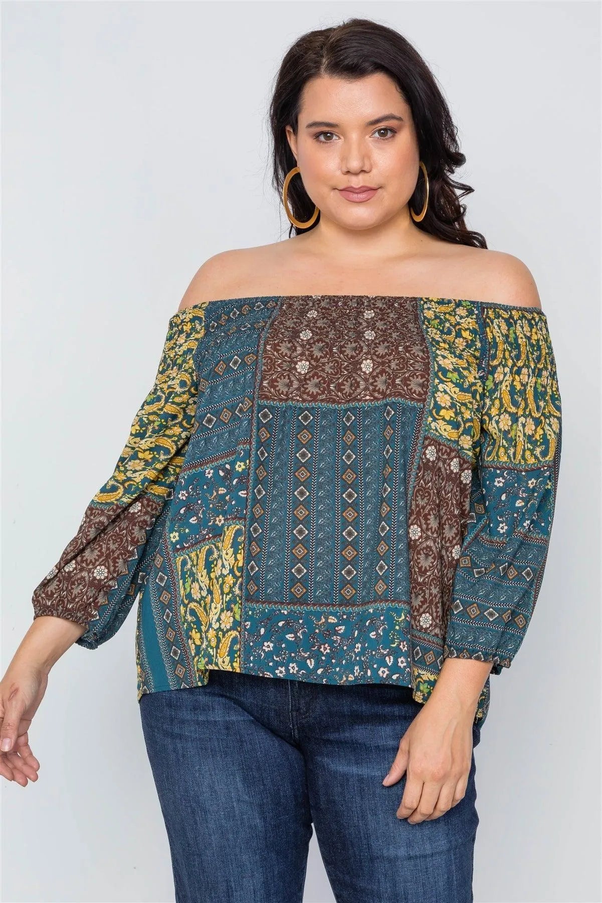 Plus Size Multi Mustard Off-The-Shoulder Multi Print Top /3-2-3 - Tasha Apparel Wholesale