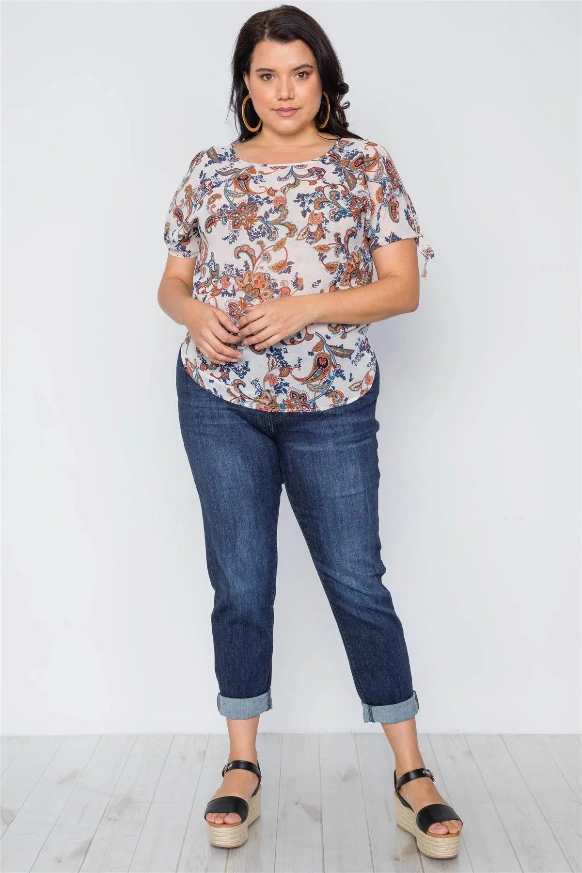 Plus Size Multi Beige Self Tie Sleeves Floral Chiffon Top /2-2-2 - Tasha Apparel Wholesale