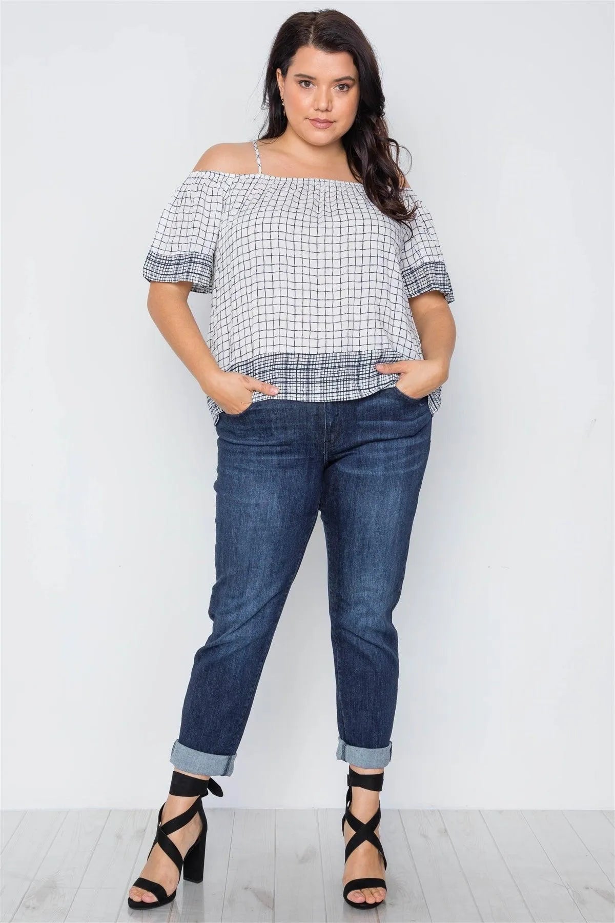 Plus Size Off White Check Pattern Cold Shoulder Boho Top /2-2-2 - Tasha Apparel Wholesale