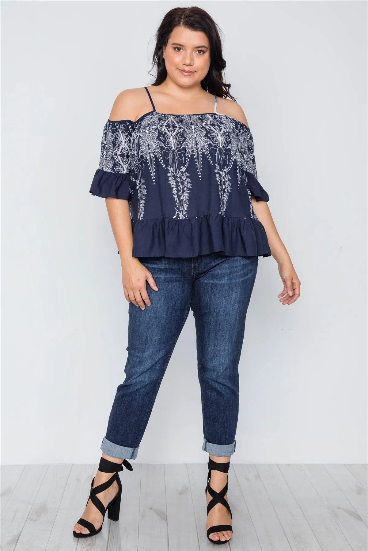 Plus Size Navy Ruffle Cold Shoulder Boho Top /2-2-2 - Tasha Apparel Wholesale