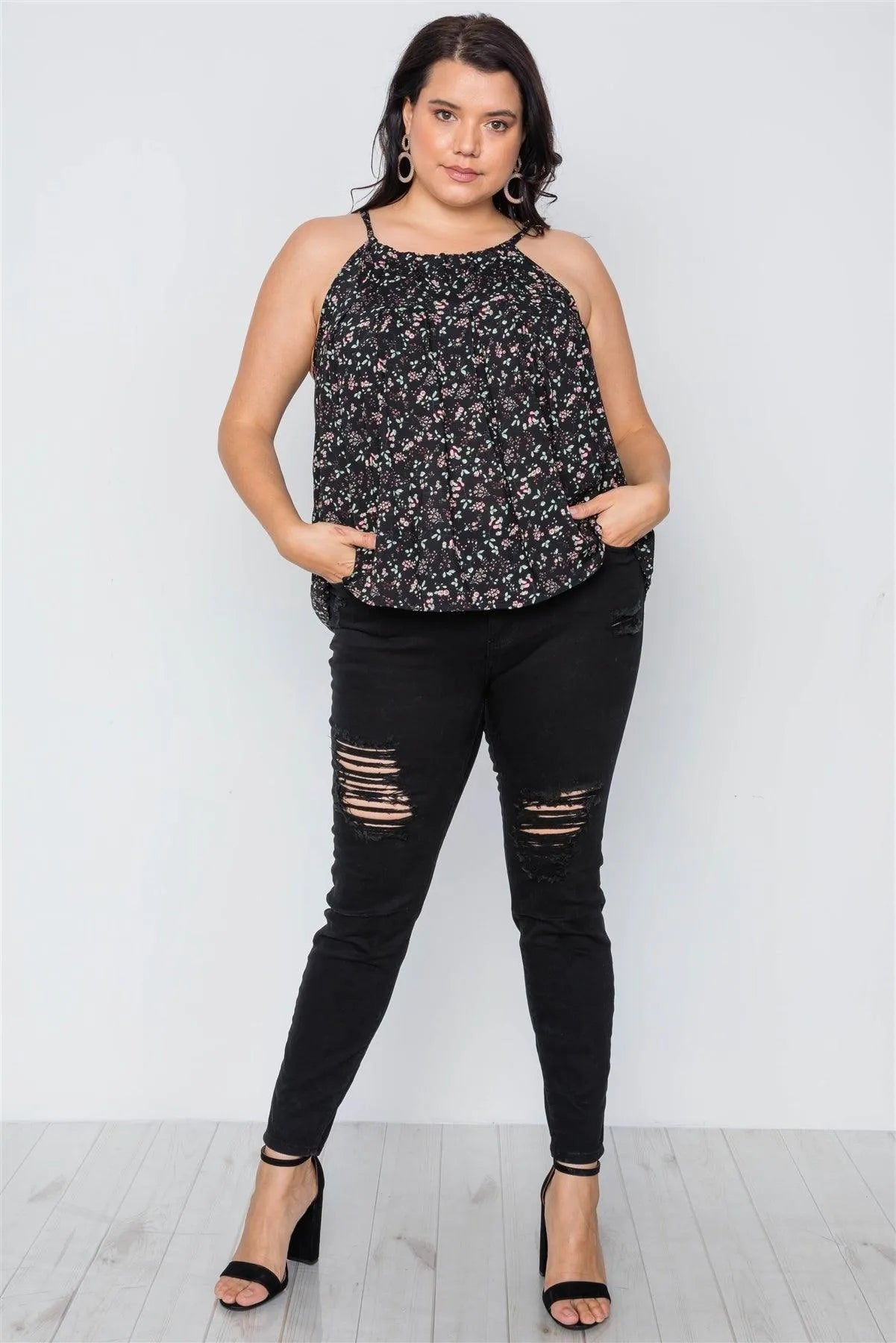 Plus Size Black Floral Print Cami Boho Top /2-2-2 - Tasha Apparel Wholesale