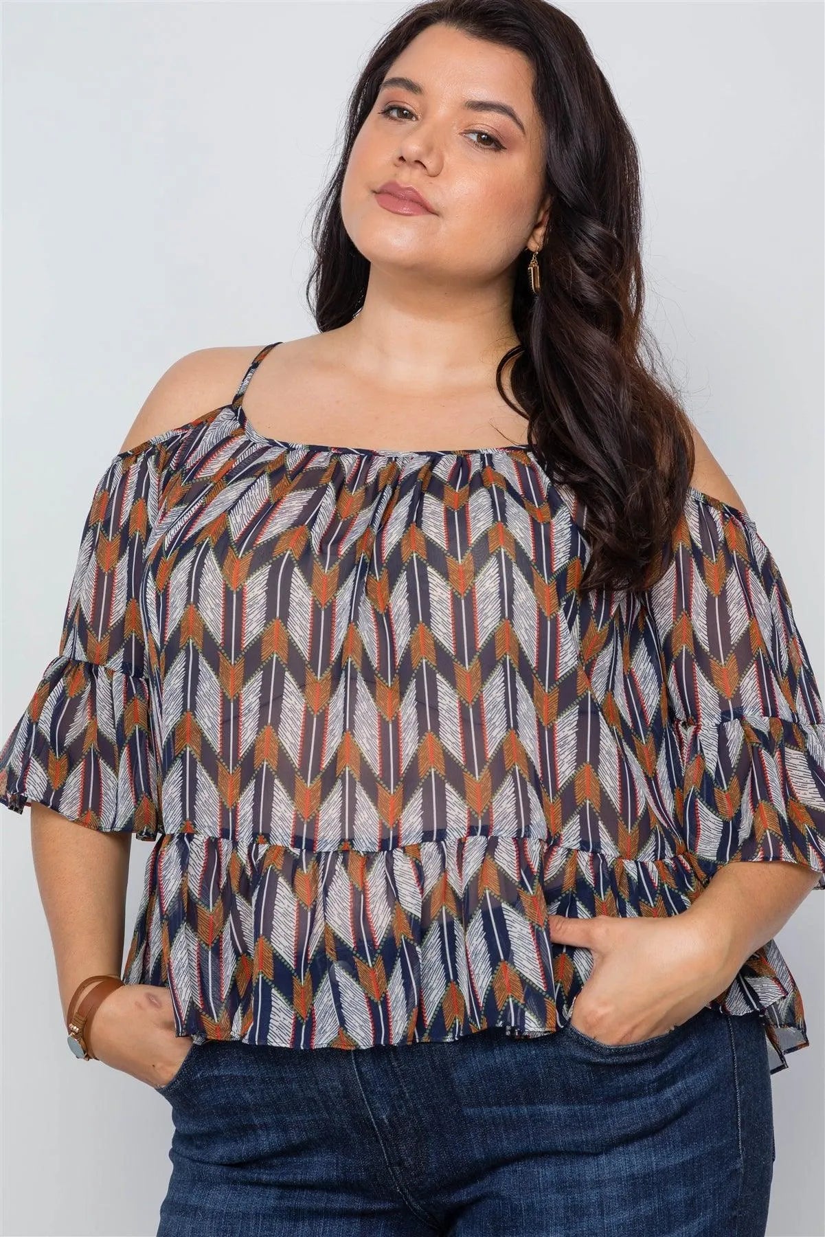 Plus Size Navy Multi Print Cold Shoulder Chiffon Top /1-2-2 - Tasha Apparel Wholesale