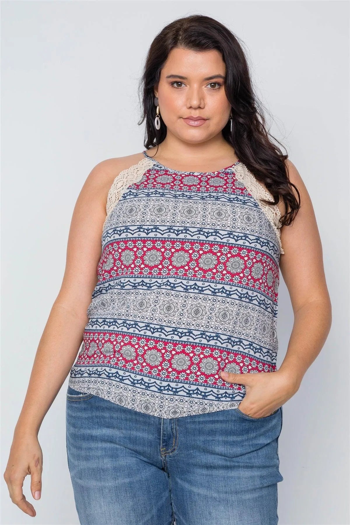 Plus Size Grey Paisley Print Crochet Trim Cami Boho Top /1-2 - Tasha Apparel Wholesale
