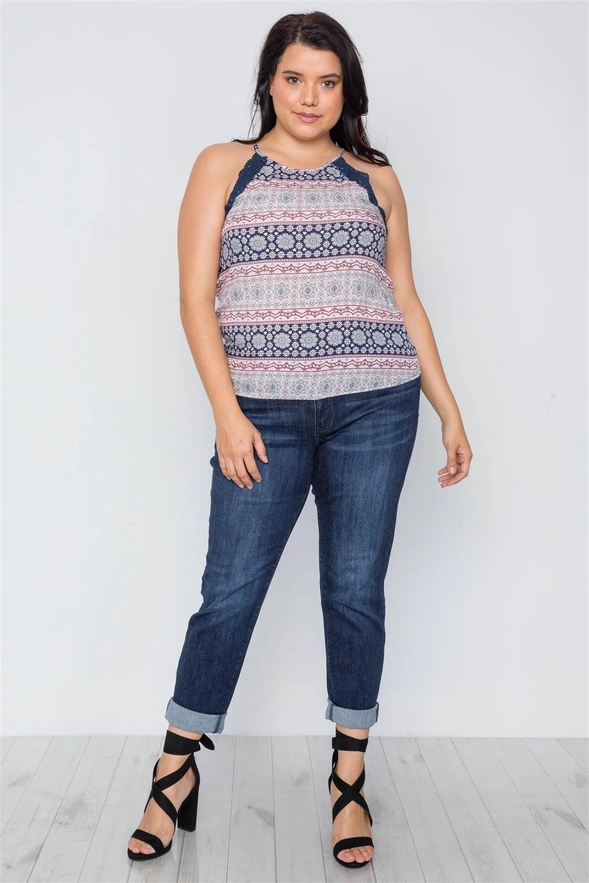 Plus Size Navy Paisley Print Crochet Trim Cami Boho Top / 2-2-2 - Tasha Apparel Wholesale
