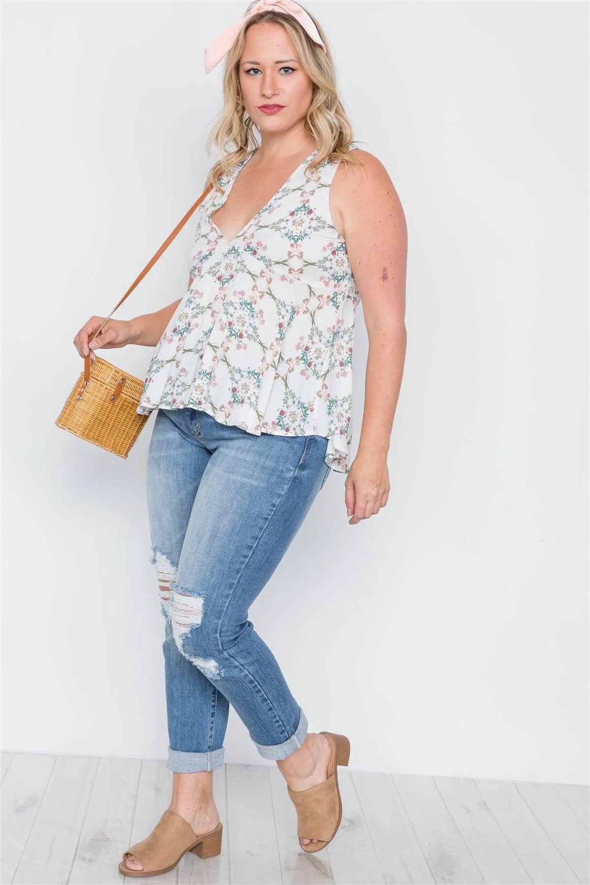 Plus Size Off White Floral Print Lace Up Top /2-2-1 - Tasha Apparel Wholesale
