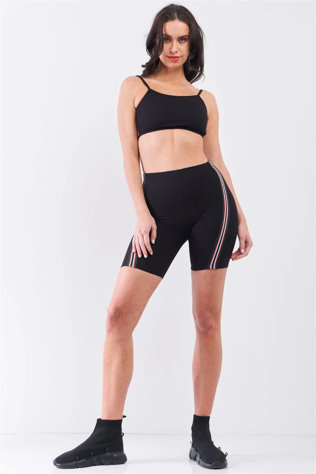 Black Ribbed Stripe Detail Crop Top & Biker Shorts Set - Tasha Apparel Wholesale