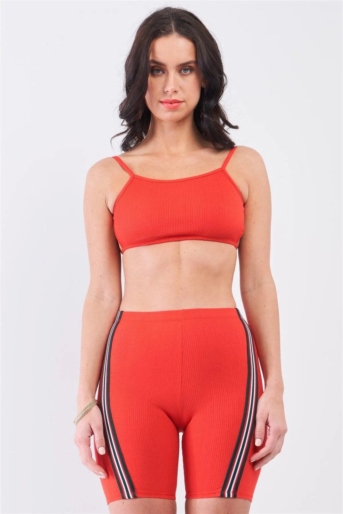 Crimson Red Striped Detail Ribbed Open Back Sleeveless Top & High Waist Biker Shorts Set /3-2 - Tasha Apparel Wholesale