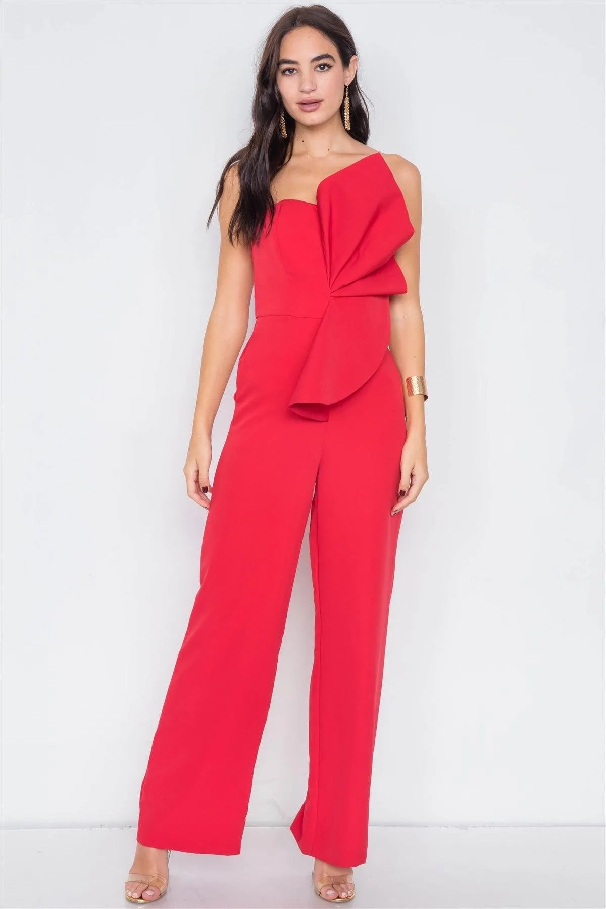 Red Tailored Frill Wide Leg Sleeveless Cocktail Jumpsuit /2-2-1 - Tasha Apparel Wholesale
