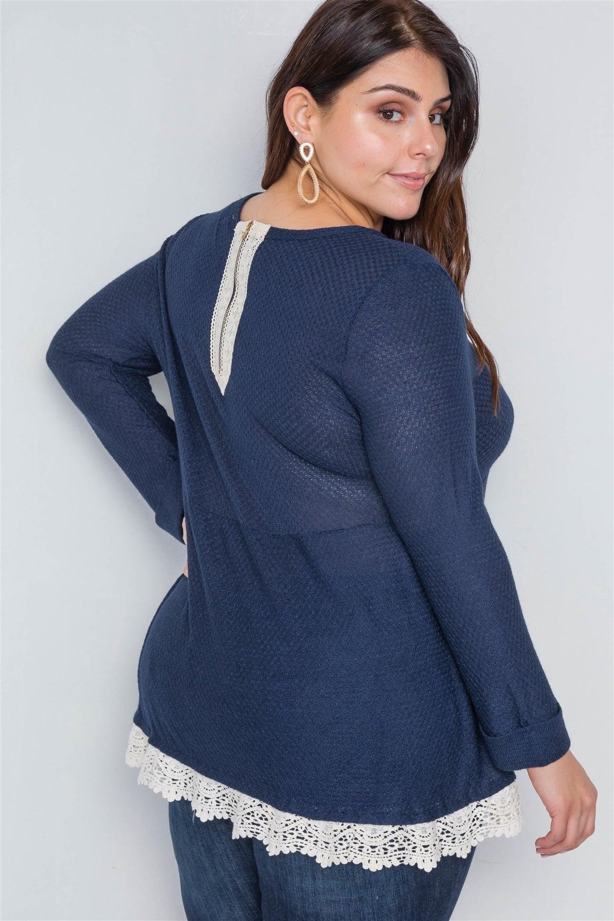 Navy Cream Plus Size Scallop Long Sleeve Top