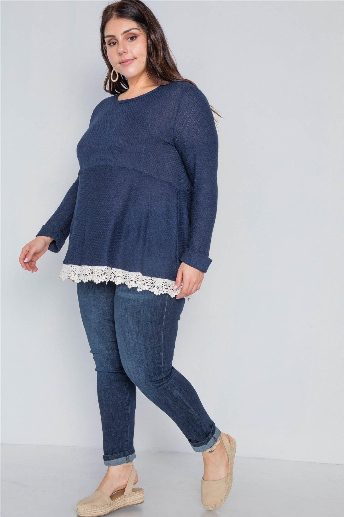 Navy Cream Plus Size Scallop Long Sleeve Top