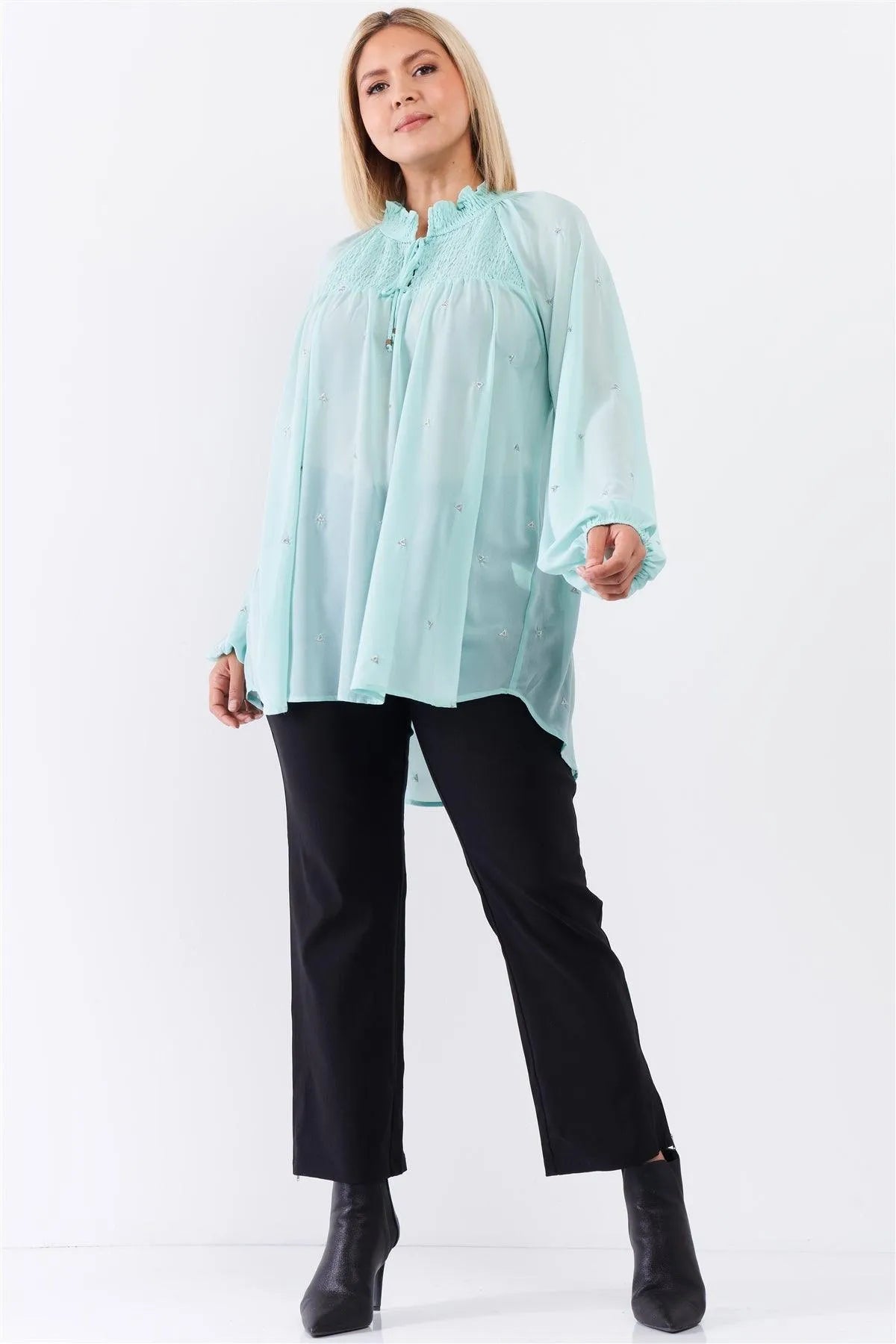 Junior Plus Size Mint Elastic High Neck Sheer Chiffon Blouse /3-2-1 - Tasha Apparel Wholesale