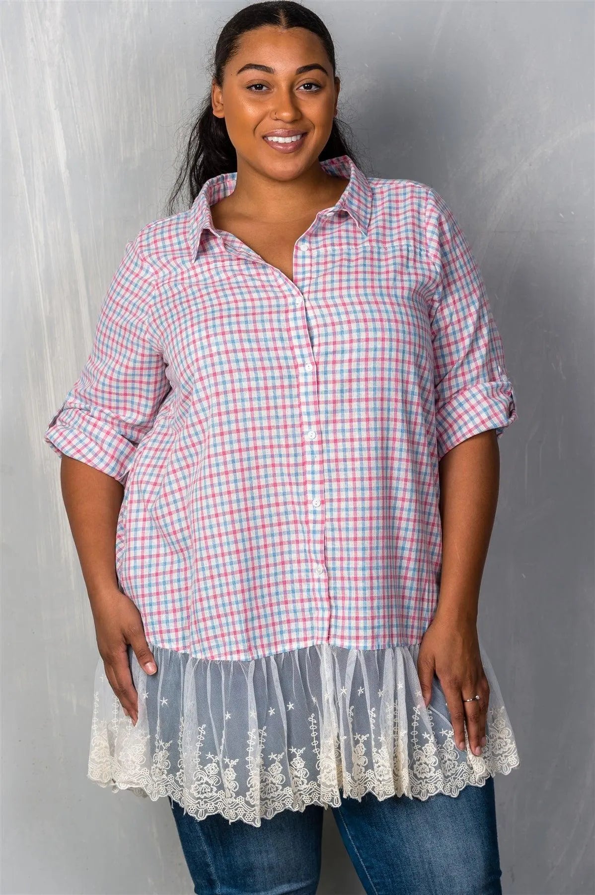 Pink Sky Gingham Lace-Hem Plus Size Top /2-2-1 - Tasha Apparel Wholesale