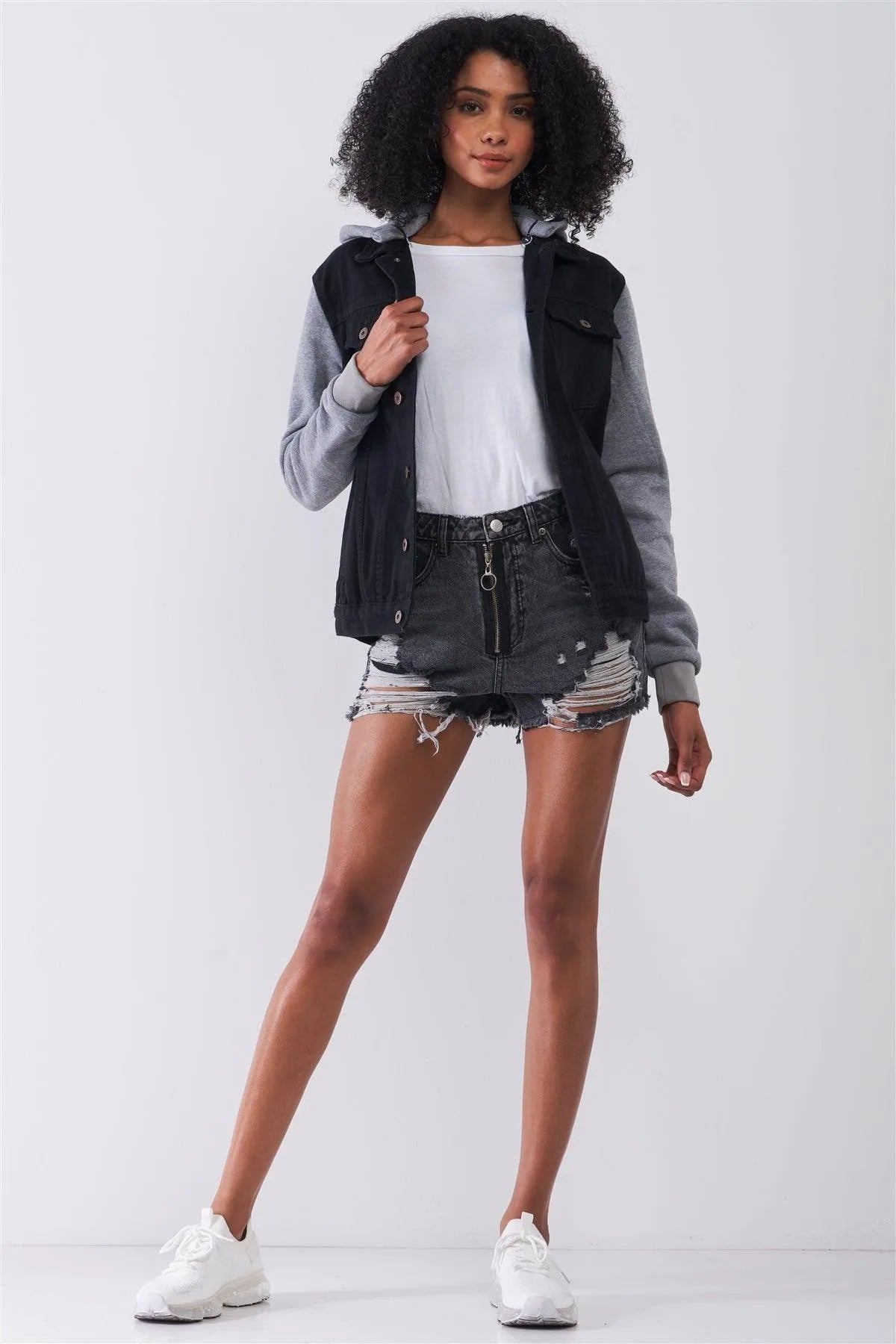 Black & Heather Grey Combo Hooded Long Sleeve Denim Jacket /1-1-2-1 - Tasha Apparel Wholesale