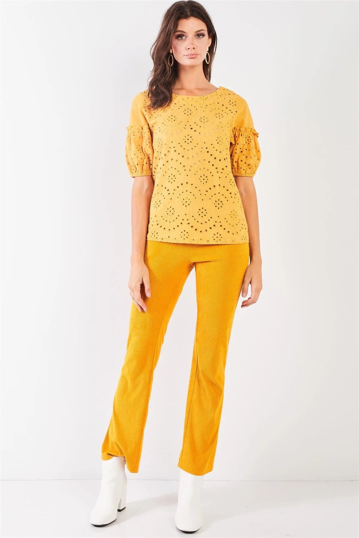 Mustard Yellow Eyelet Crochet Embroidery Front Short Puff Sleeve Detail Round Neck Relaxed Top /2-3 - Tasha Apparel Wholesale