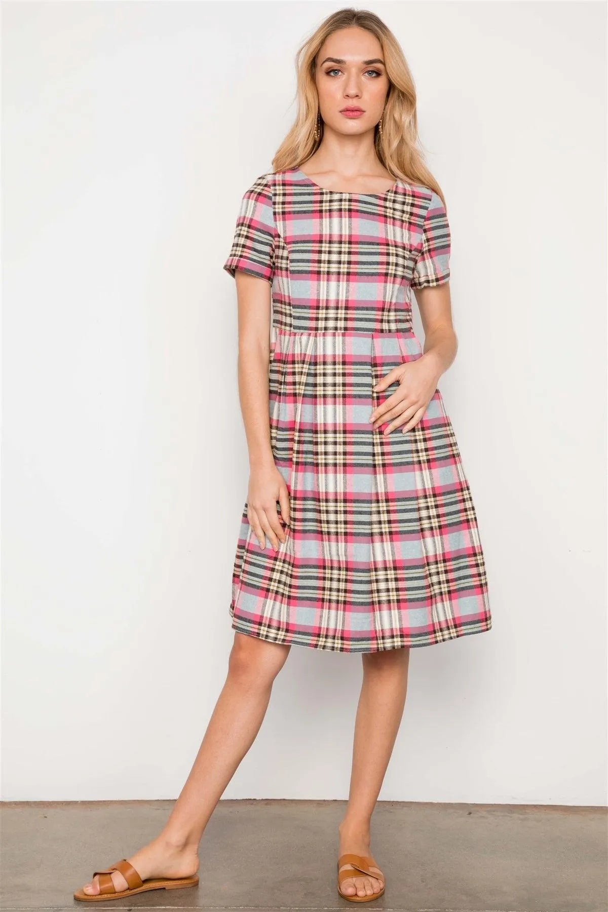 Multi Pink Plaid Short Sleeve Boho Dress /2-2-2 - Tasha Apparel Wholesale
