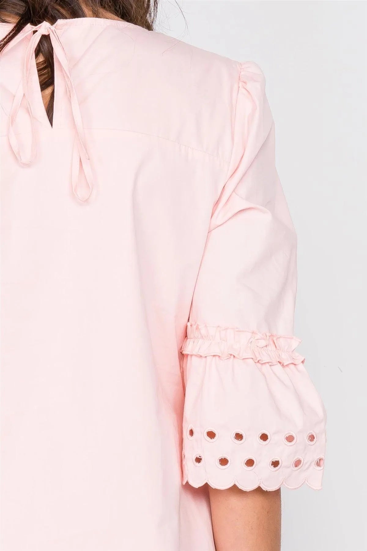 Blush Scallop Eyelet Trim 3/4 Sleeve Vintage Mini Shift Dress /2-2-2 - Tasha Apparel Wholesale