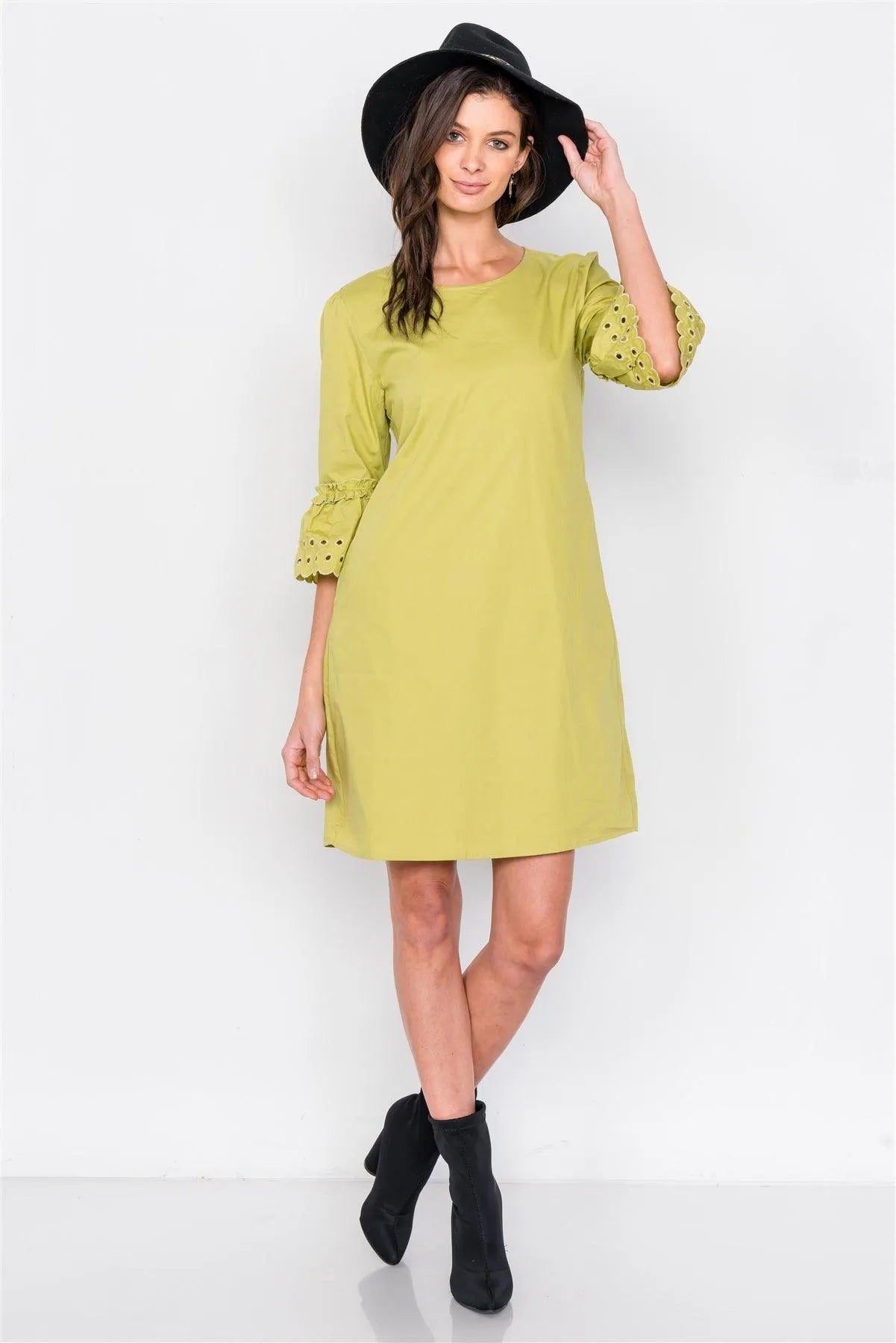 Lime Scallop Eyelet Trim 3/4 Sleeve Vintage Mini Shift Dress /2-2-2 - Tasha Apparel Wholesale