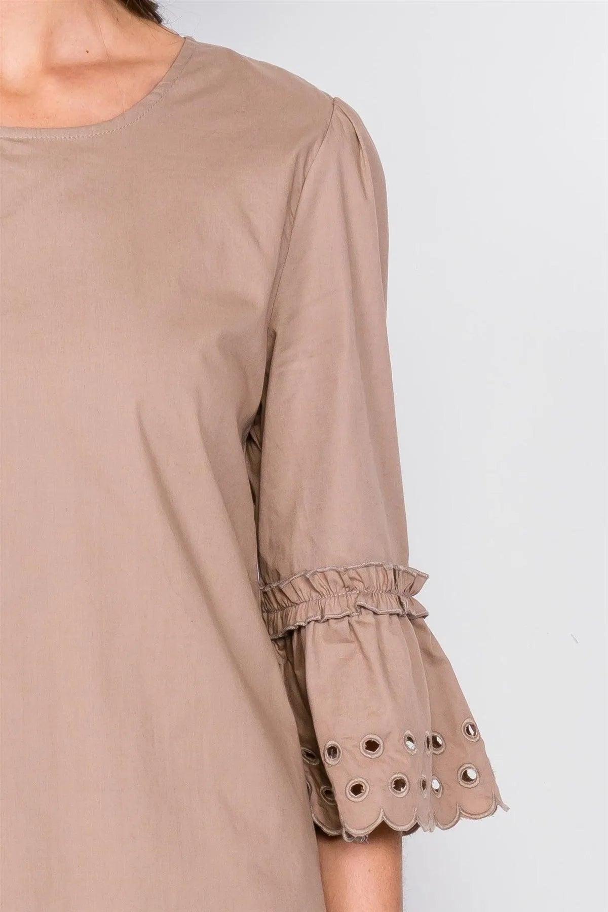 Taupe Scallop Eyelet Trim 3/4 Sleeve Vintage Mini Shift Dress /2-2-2 - Tasha Apparel Wholesale
