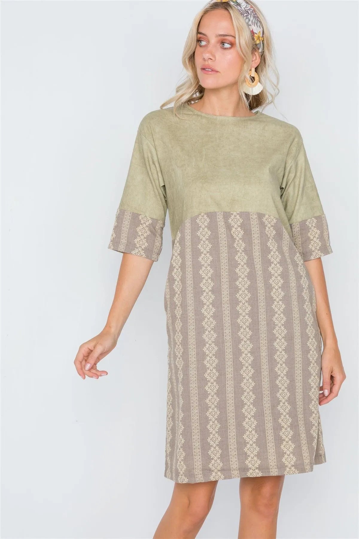 Mocha Olive Contrast Design Shift Boho Dress /2-2-2 - Tasha Apparel Wholesale