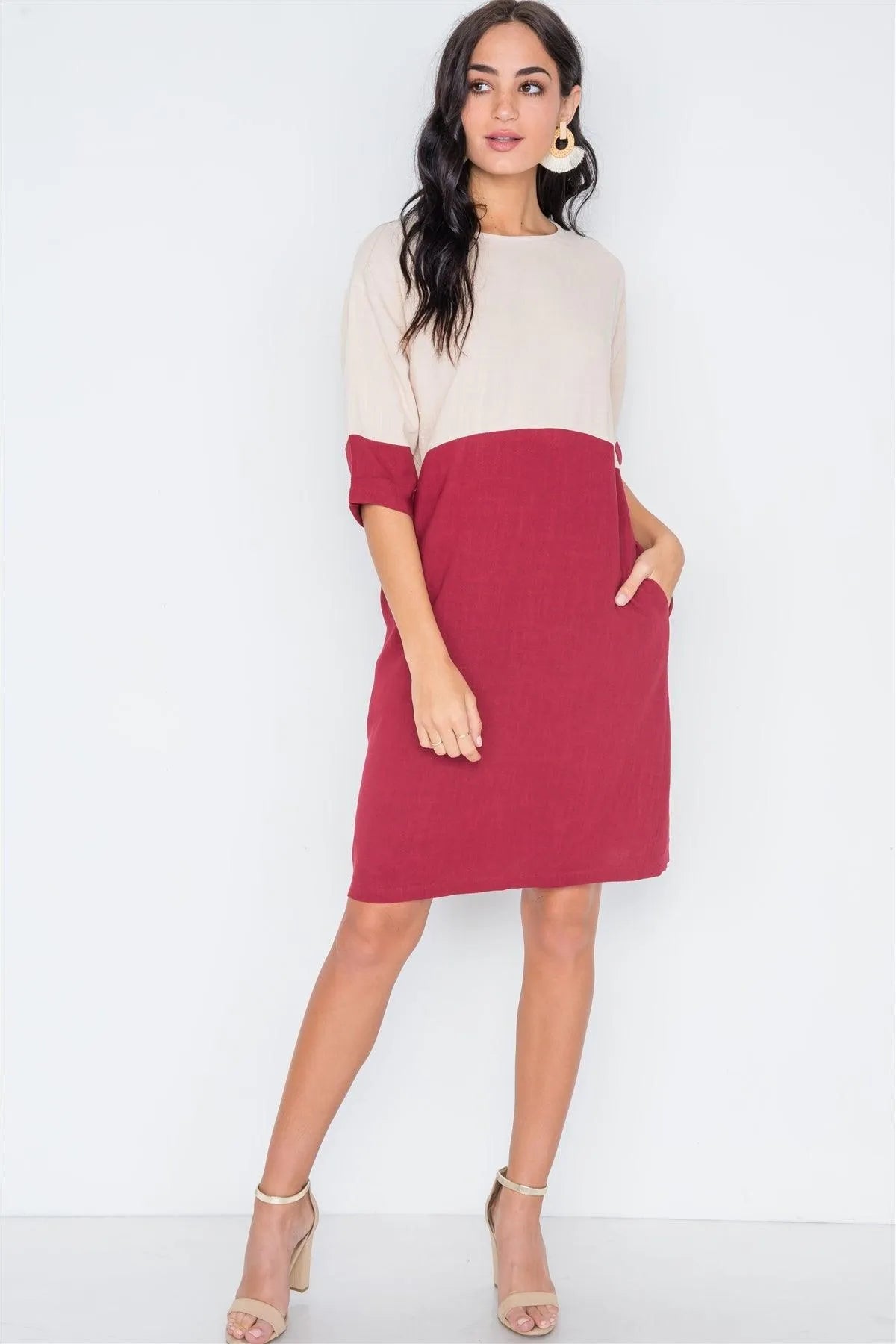 Dark Brick 3/4 Sleeve Contrast Shift Boho Dress /2-2-2 - Tasha Apparel Wholesale